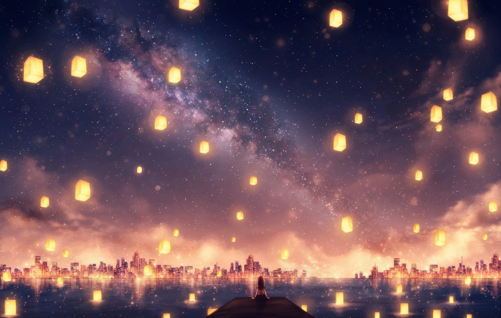 Anime 1930x1225 anime anime girls stars sky lantern outdoors