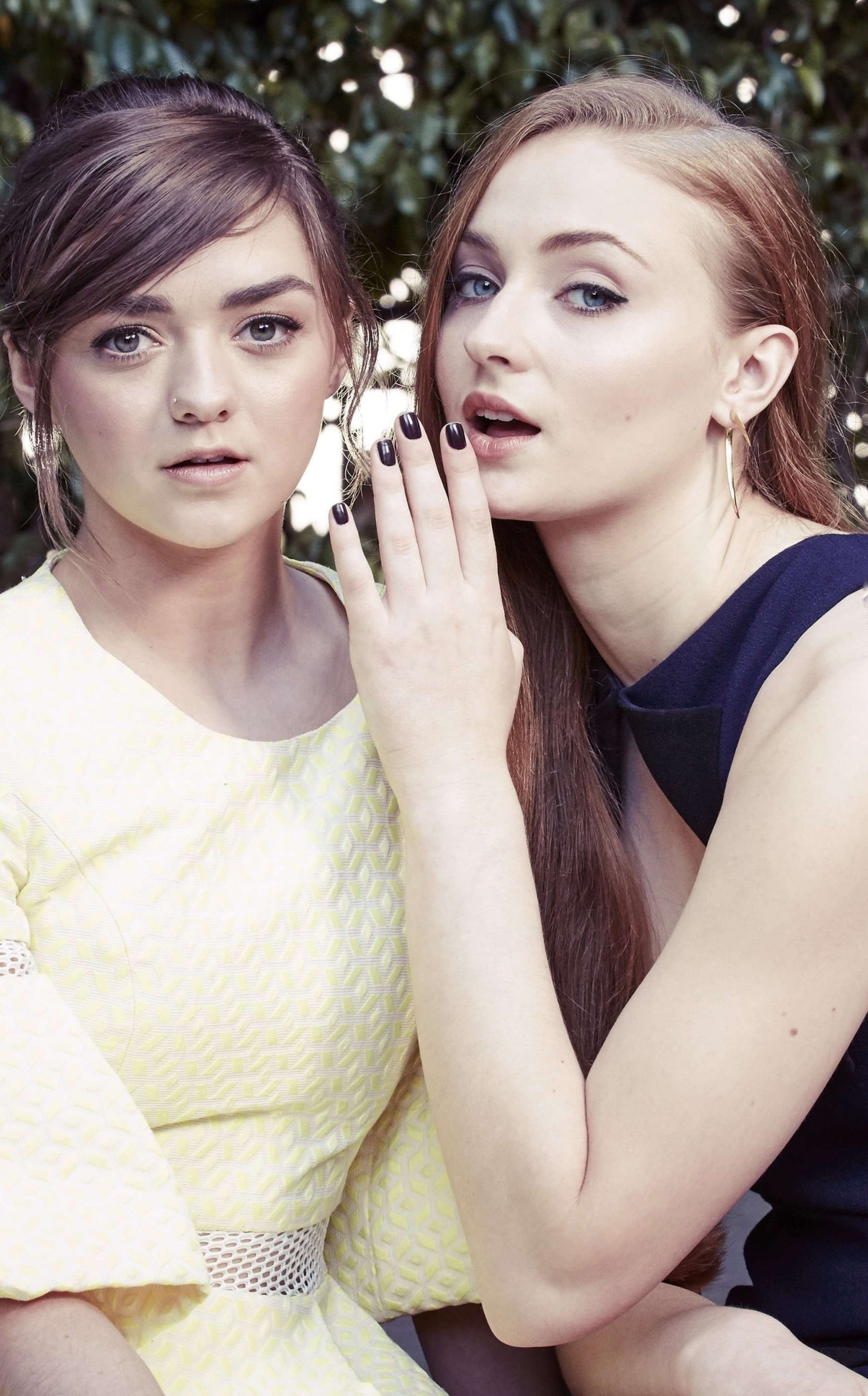 People 1440x2315 Maisie Williams Sophie Turner women actress redhead brunette blue eyes painted nails black nails looking at viewer dark hair two women