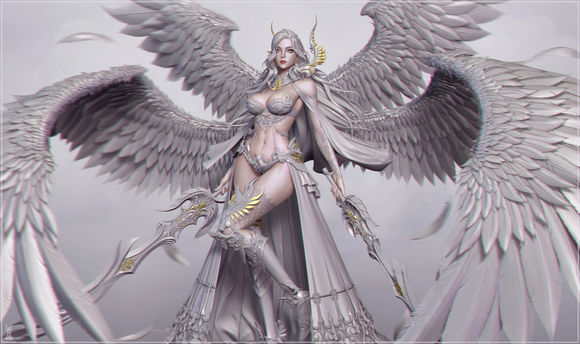 General 1920x1139 CGI women wings angel weapon sword armor skirt silver hair gold skimpy clothes cleavage bikini armor