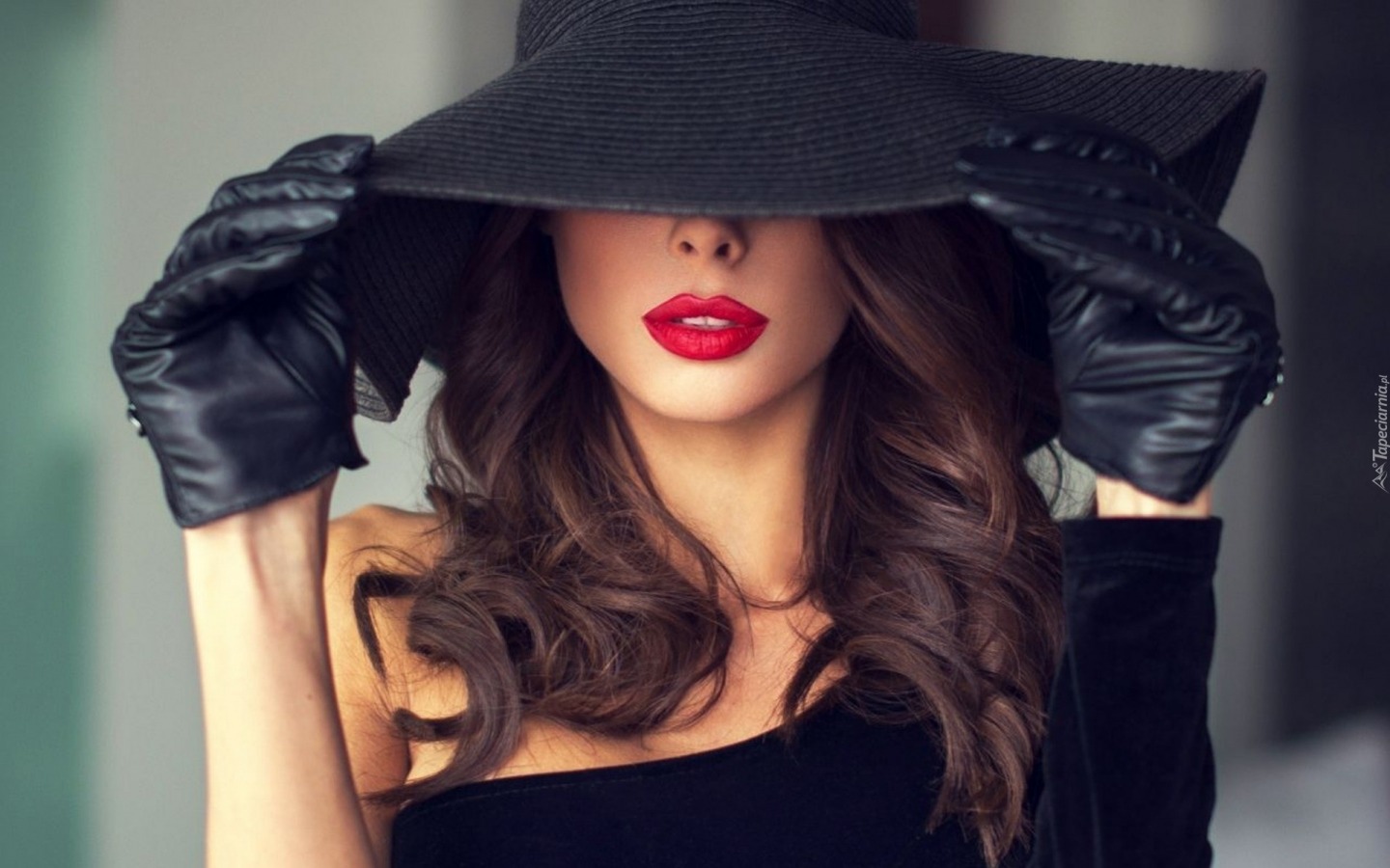 People 1440x900 model brunette glamour red lipstick black gloves gloves long hair black hat classy black dress millinery women with hats open mouth black clothing women watermarked closeup
