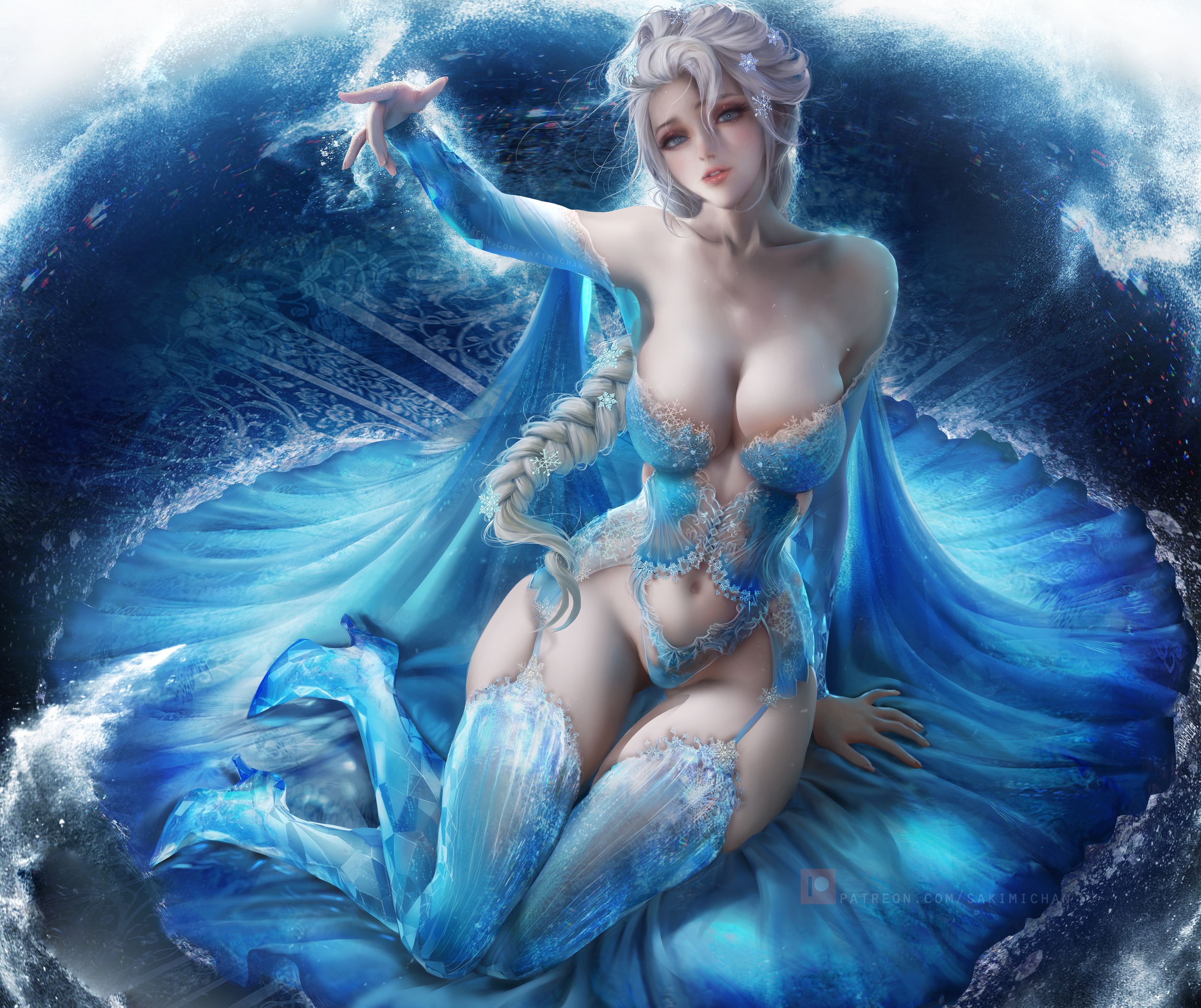 General 3500x2938 Ice Queen Elsa Frozen (movie) Frozen 2 women Sakimichan high angle crotch floss cleavage skimpy clothes belly high heels digital art