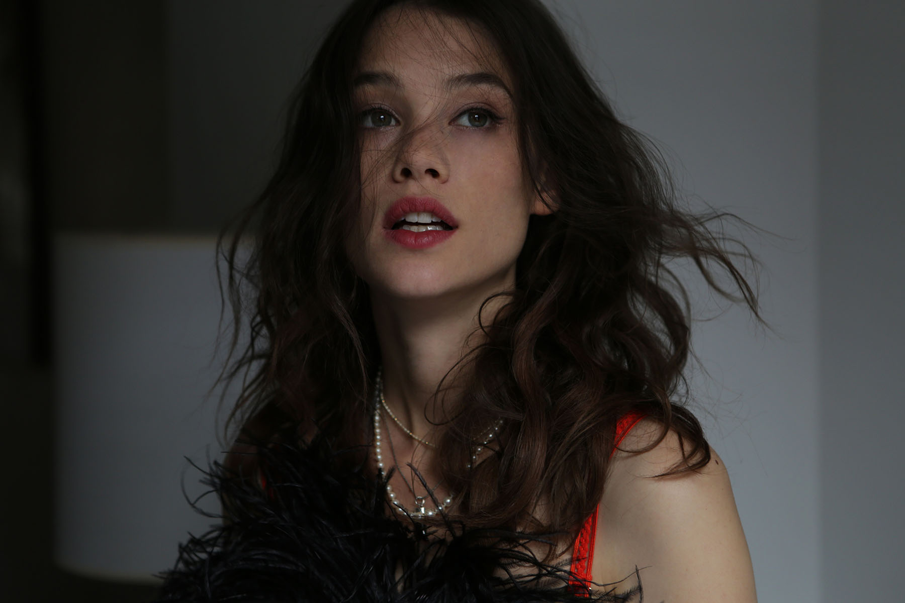 People 1800x1200 Astrid Berges-Frisbey women actress model long hair brunette red lipstick indoors women indoors looking into the distance open mouth necklace