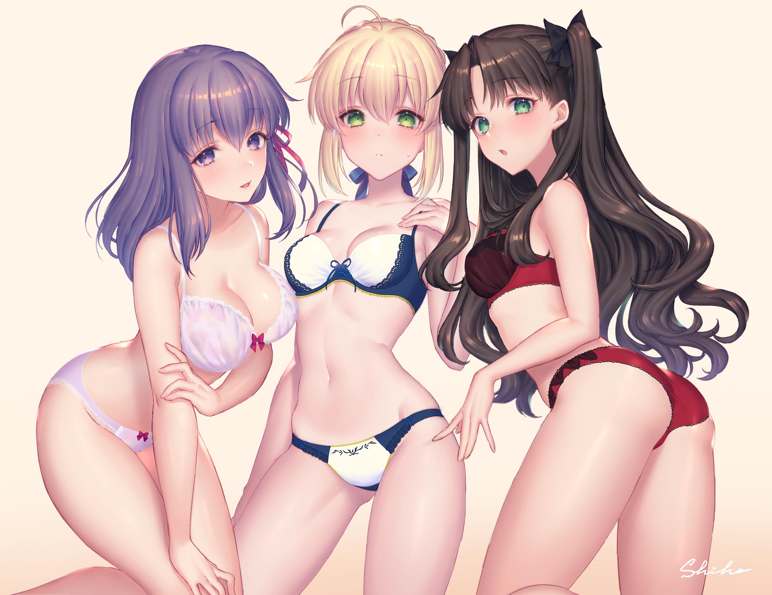 Anime 2529x1948 Fate series Fate/Stay Night anime girls cleavage big boobs small boobs long hair looking at viewer purple hair brunette blushing Matou Sakura Tohsaka Rin Saber twintails thighs belly belly button open mouth blue eyes purple eyes green eyes simple background 2D fan art ass curvy purple lingerie red lingerie blue lingerie boobs blonde Artoria Pendragon underwear