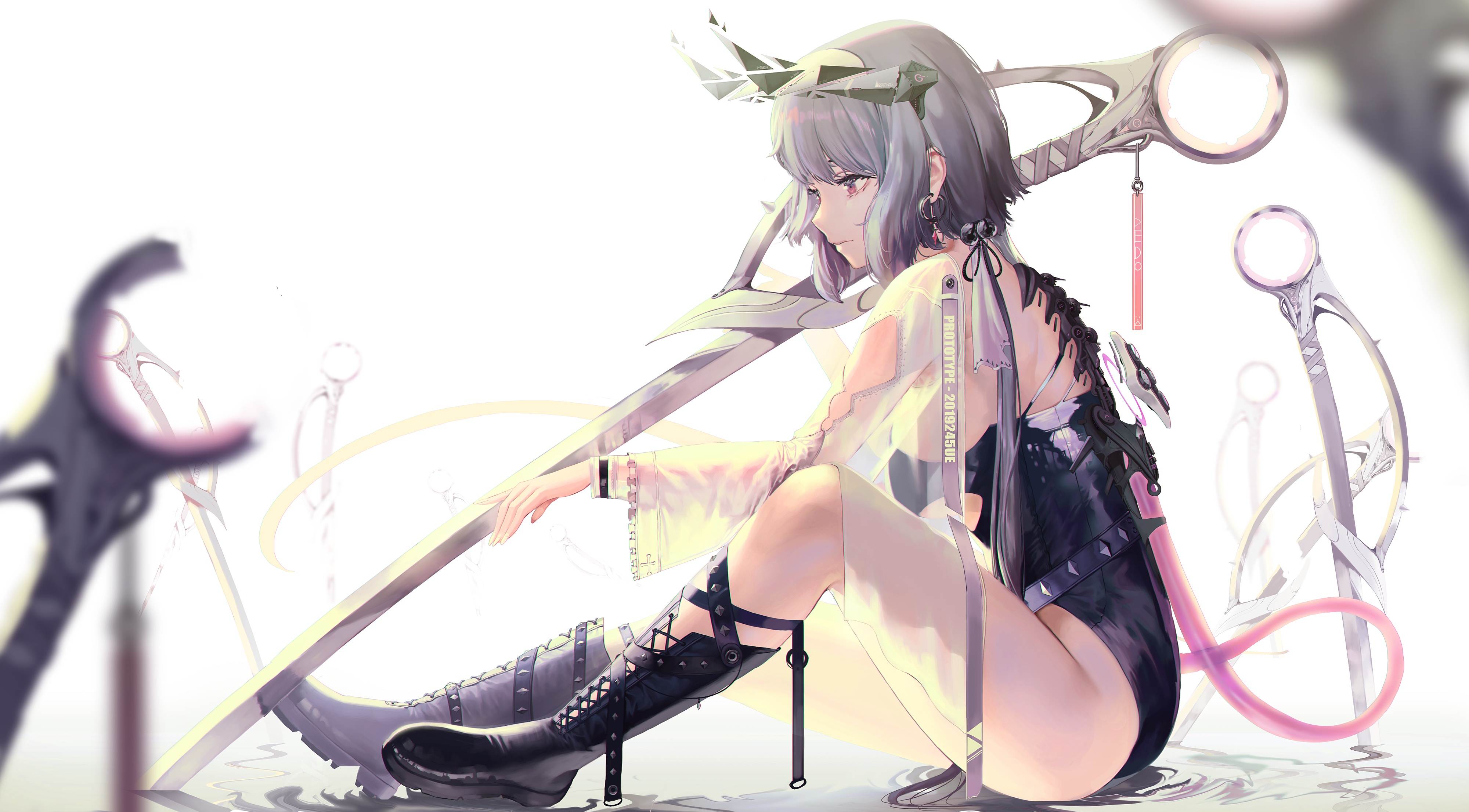 Anime 4000x2212 original characters horns leotard see-through clothing weapon boots white background bodysuit sitting looking below gray hair twintails torn clothes mecha girls liquid sideboob