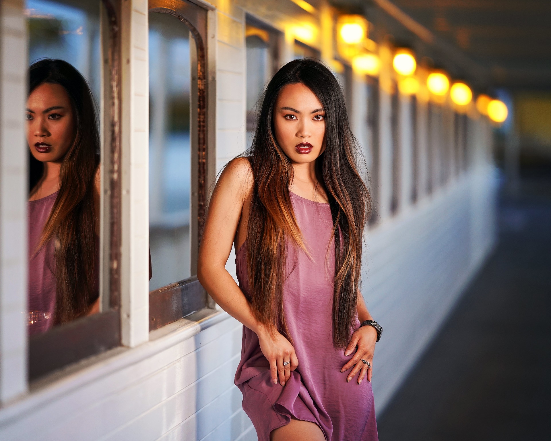 People 1920x1536 Asian women makeup standing model Tracie Dang long hair reflection women outdoors urban