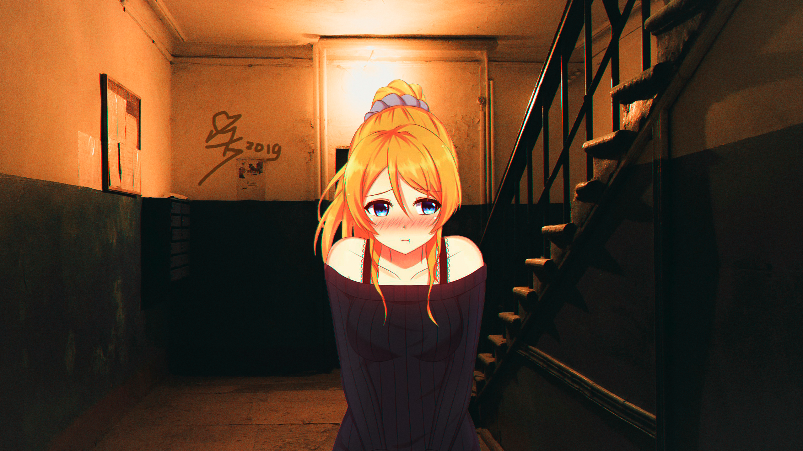 Anime 2558x1438 anime anime girls shy stairs dark house Russia blonde blue eyes Love Live! Ayase Eli animeirl