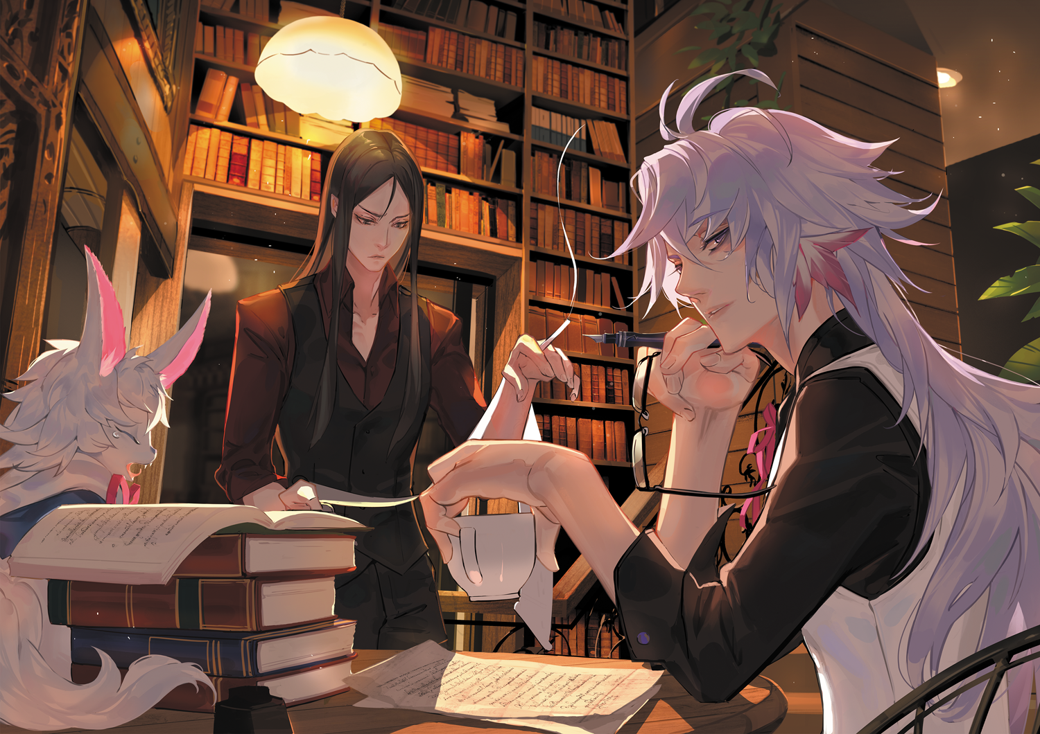 Anime 1500x1060 Fate/Grand Order men books bookcase glasses smoking