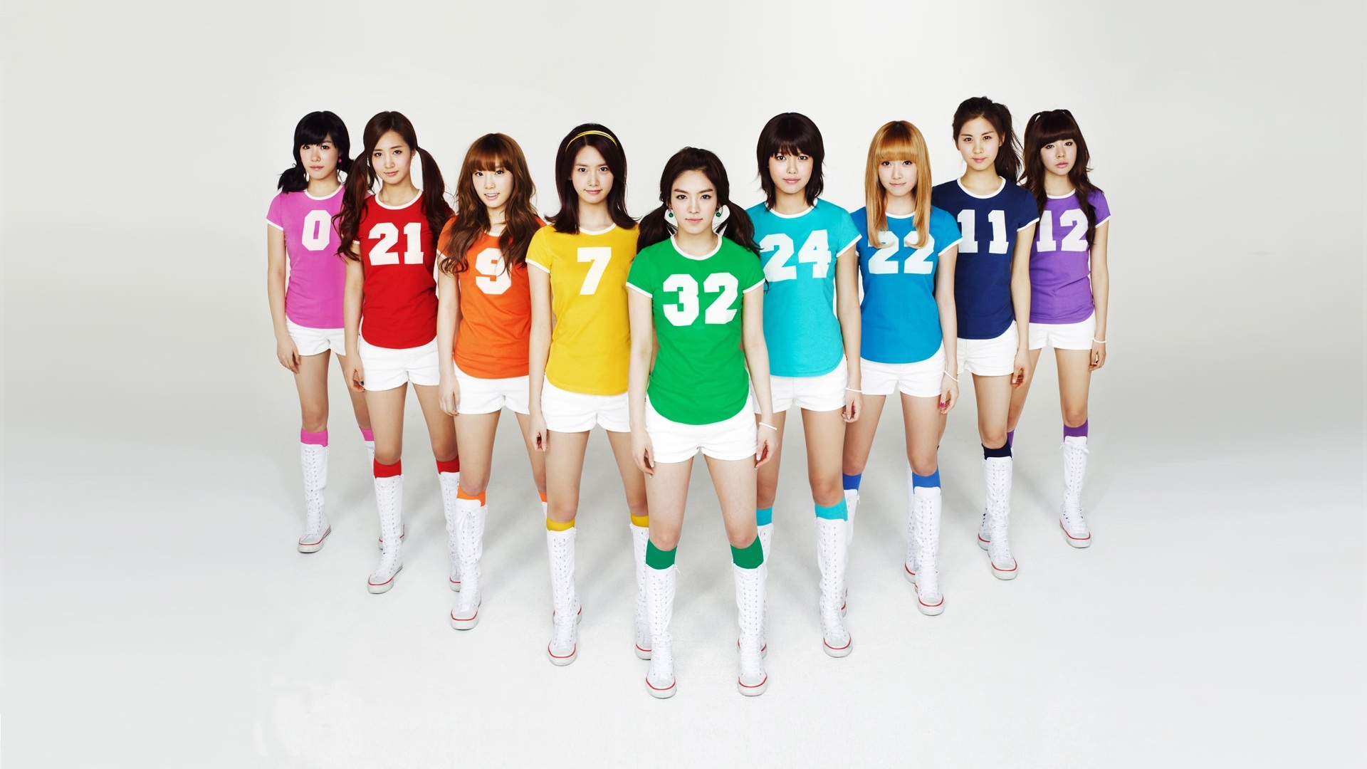 People 1920x1080 K-pop Girls' Generation Asian Korean women colorful SNSD brunette group of women women white shoes shorts T-shirt numbers frontal view high angle spectrum