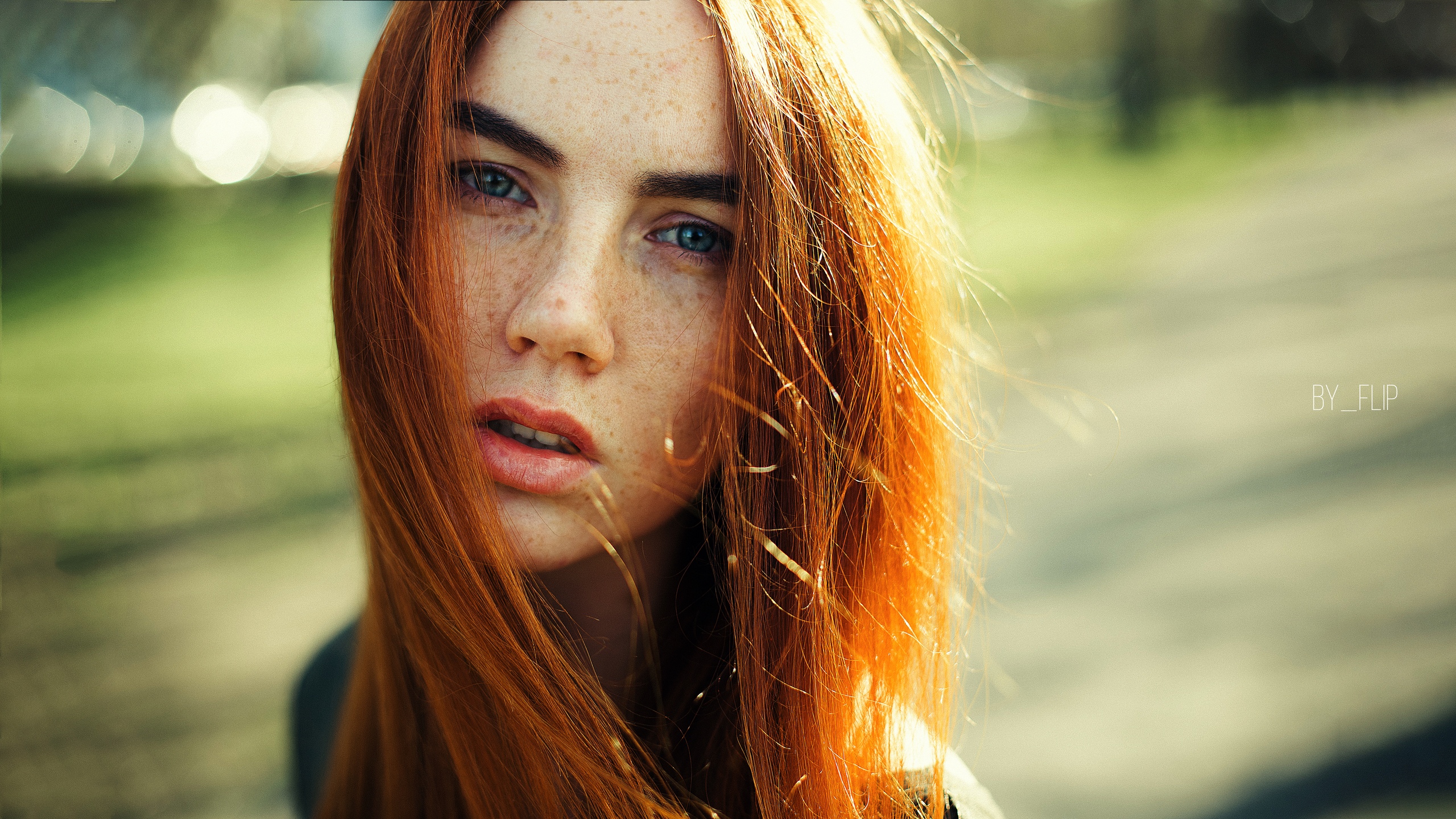 People 2560x1440 women redhead face portrait bokeh freckles blue eyes women outdoors long hair hair in face Anton Filippov