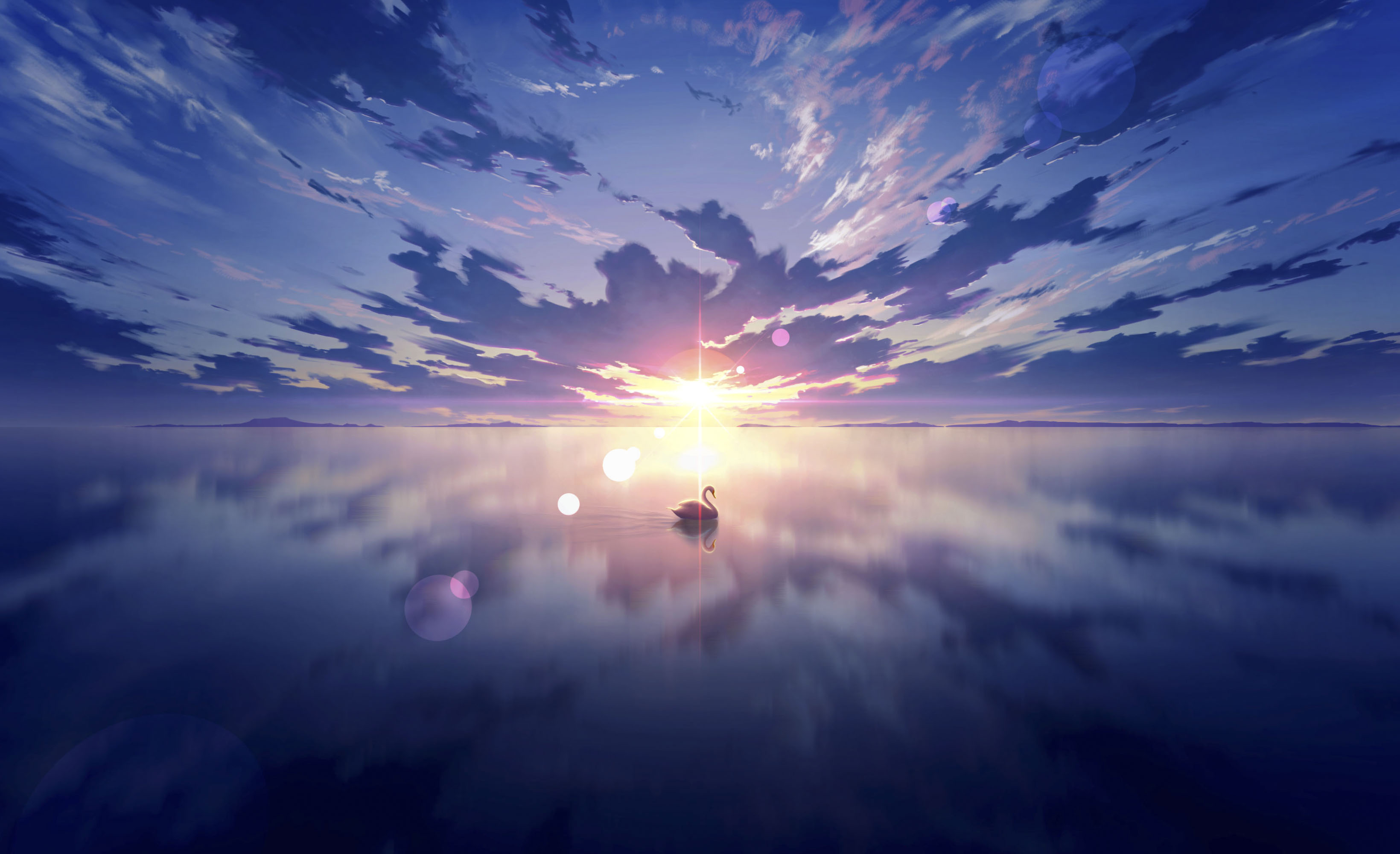 Anime 3280x2000 anime sky skyscape lake swans reflection shining sunlight nature water sea landscape clouds sun rays Sun digital art artwork