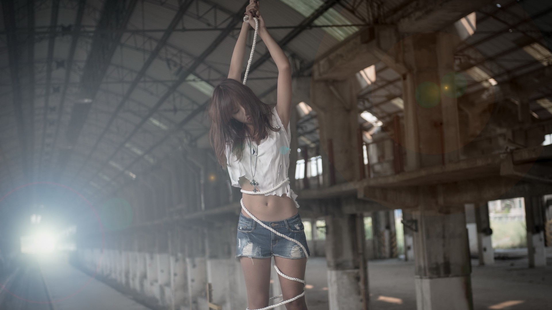People 1920x1080 women Asian model photography ropes warehouse jean shorts bare midriff brunette