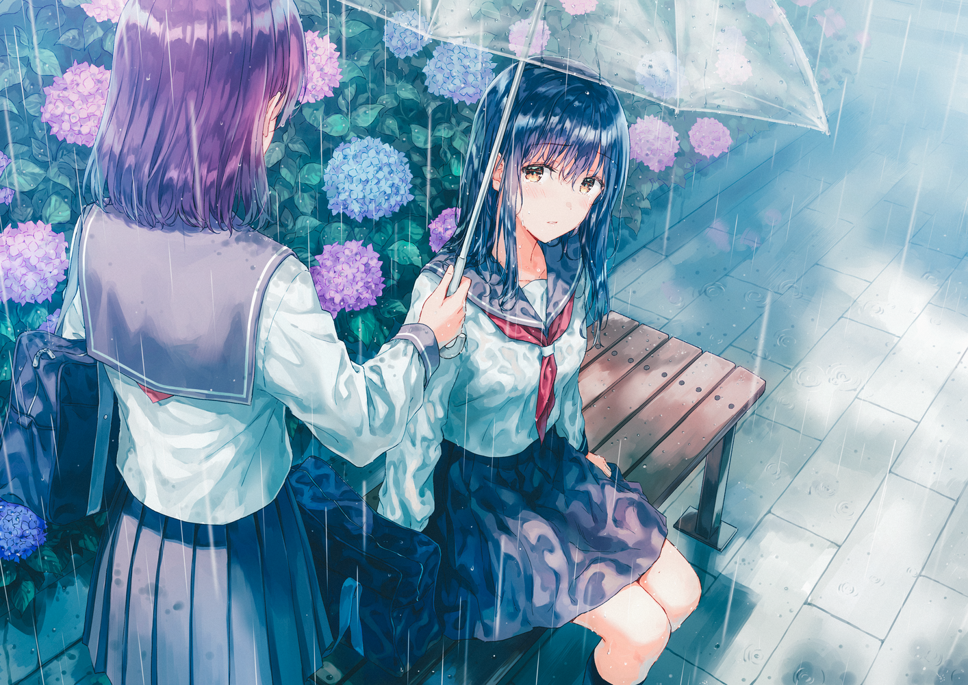 Anime 1414x1000 rain umbrella sailor uniform flowers wet water drops bag bench sitting anime girls Hiten hydrangea