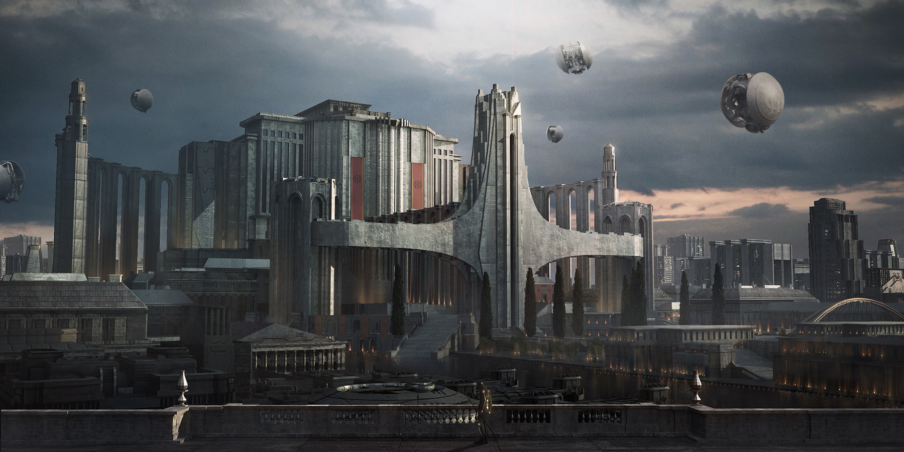 General 1800x900 artwork digital art fantasy art Jie Ma futuristic futuristic city building cityscape