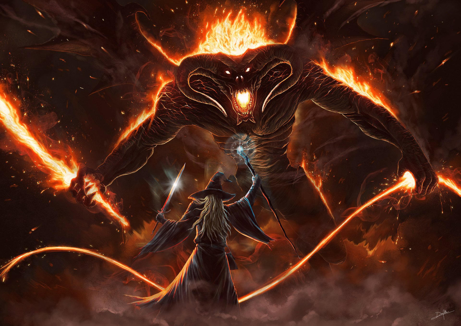 General 1920x1358 The Lord of the Rings Gandalf Balrog fantasy art artwork fire sword whips