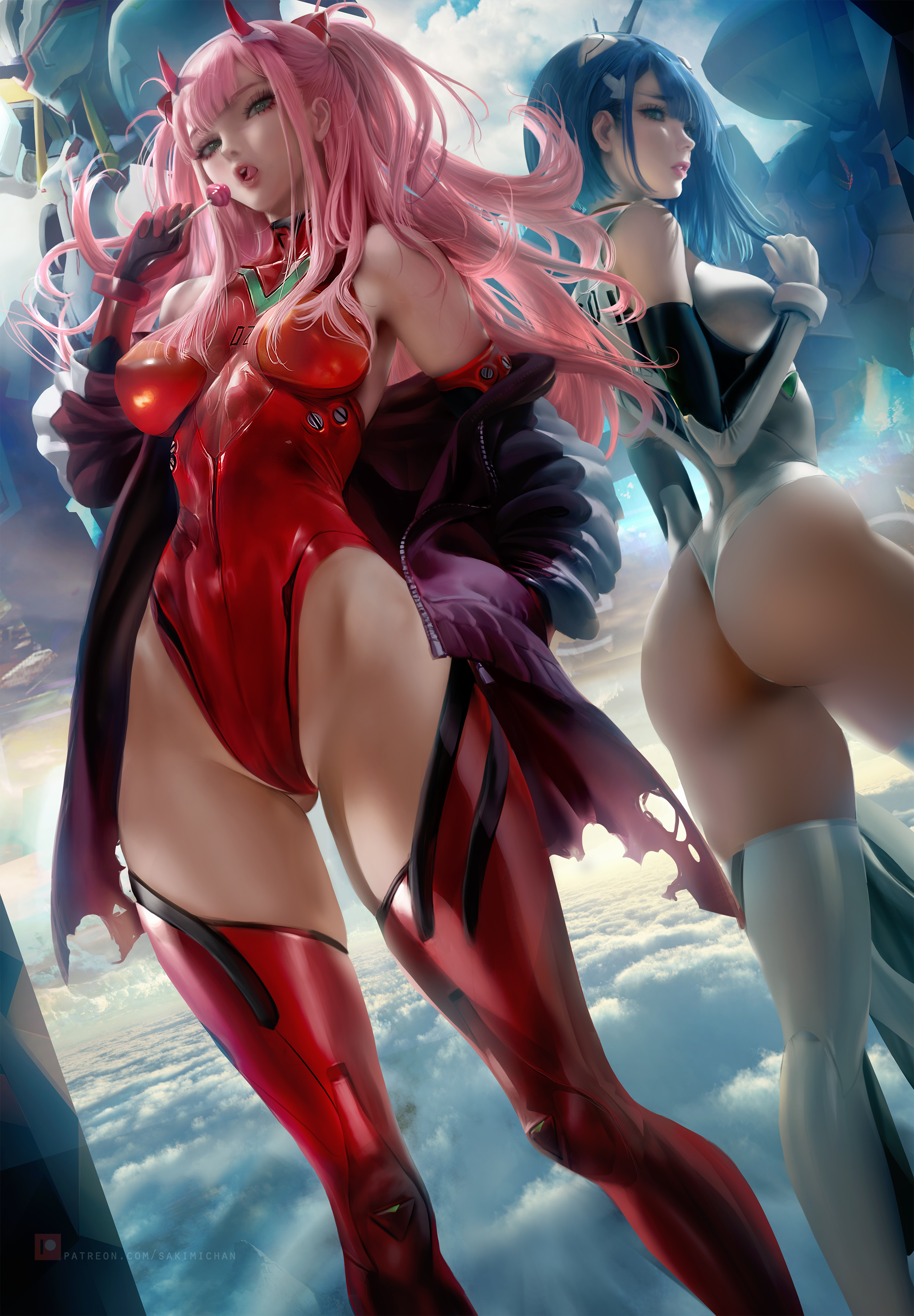 Anime 2429x3500 Zero Two (Darling in the FranXX) Ichigo (Darling in the FranXX) Darling in the FranXX crossover anime girls anime two women fantasy girl looking at viewer looking over shoulder horns pink hair long hair blue hair short hair tongue out lollipop plugsuit the gap ass thigh-highs gloves open clothes jacket mechs clouds artwork digital art drawing fan art Sakimichan ecchi low-angle mecha girls