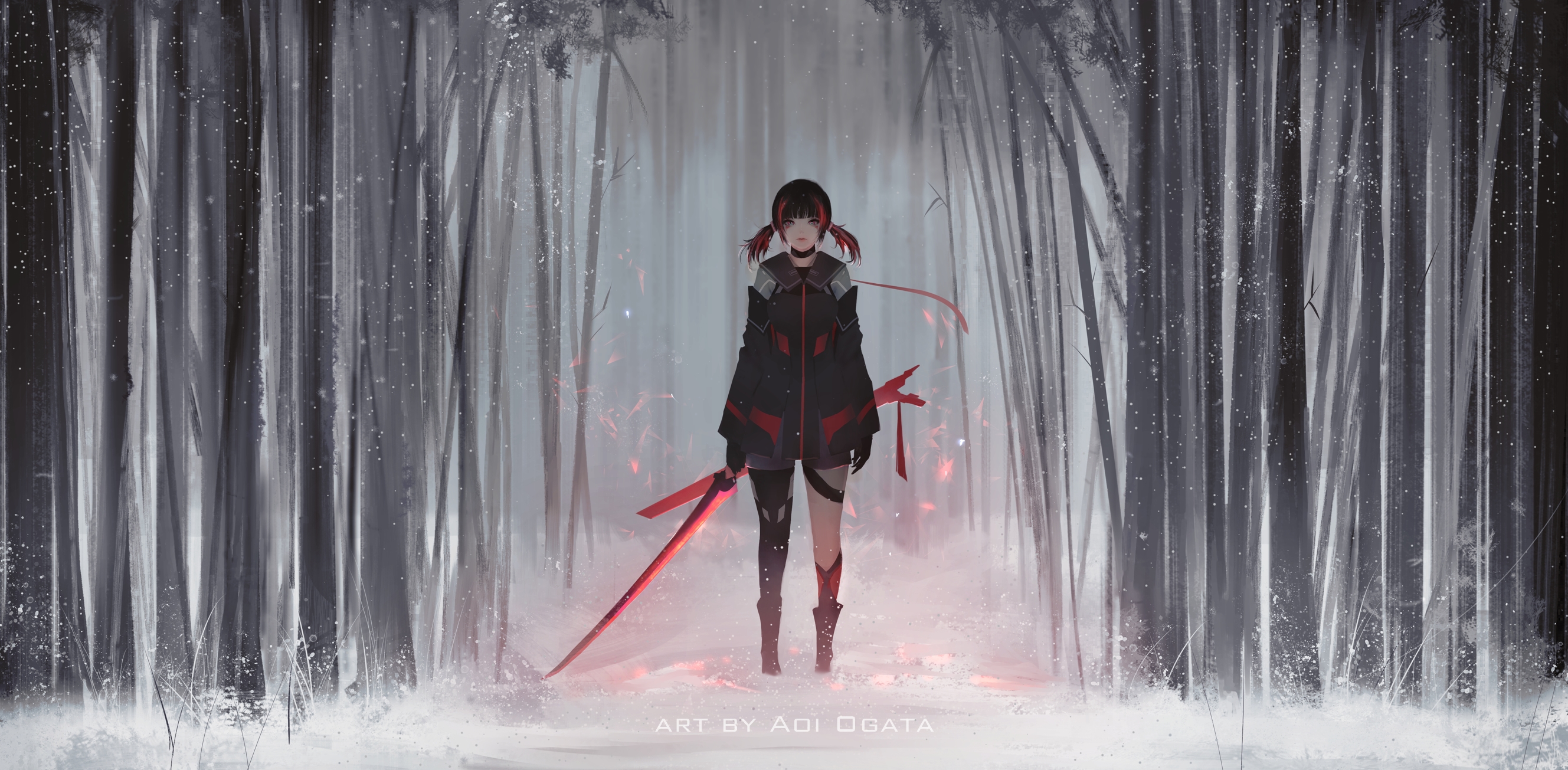 Anime 2657x1305 anime girls original characters black hair twintails looking at viewer standing jacket short shorts fantasy girl sword weapon forest snowing snow environment fantasy art artwork drawing digital art anime Aoi Ogata