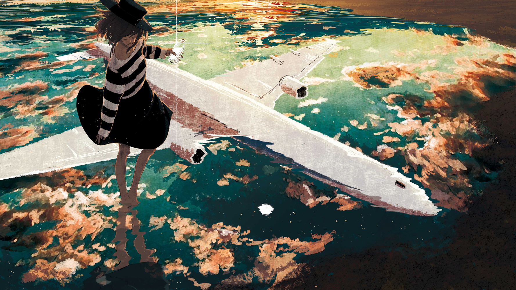 Anime 1778x1000 anime anime girls reflection water barefoot airplane hat closed eyes