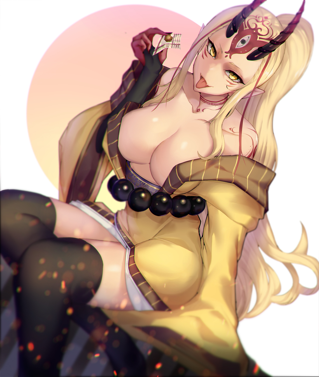 Anime 1094x1290 anime girls anime Fate/Grand Order Ibaraki Douji Satou Daiji Fate series oni girl horns blonde ponytail yellow eyes pointy ears tongue out fangs thigh-highs no bra Japanese clothes cleavage big boobs bare shoulders