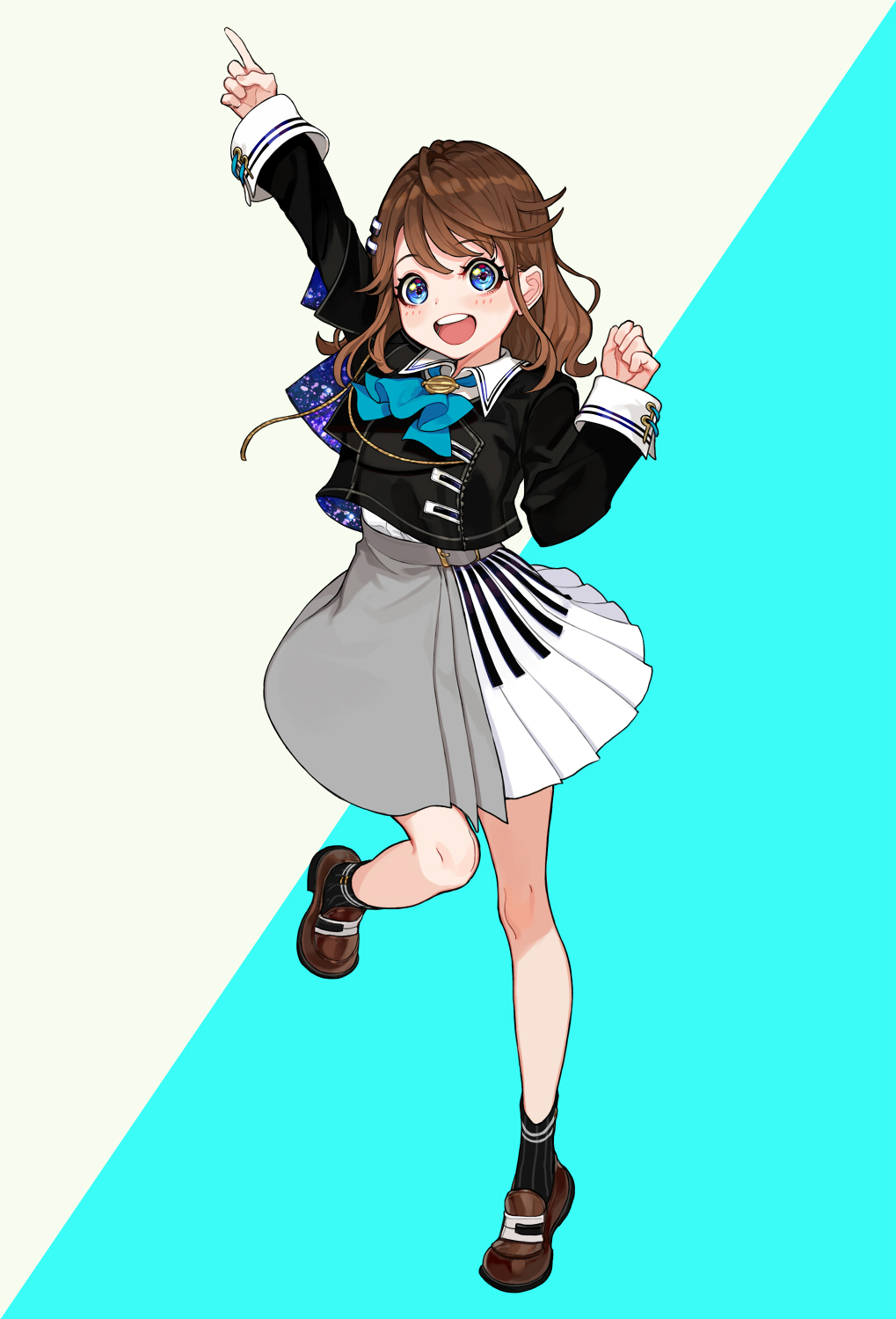Anime 1019x1500 anime girls anime Virtual Youtuber simple background Youcapriccio cyan brunette blue eyes skirt open mouth finger pointing