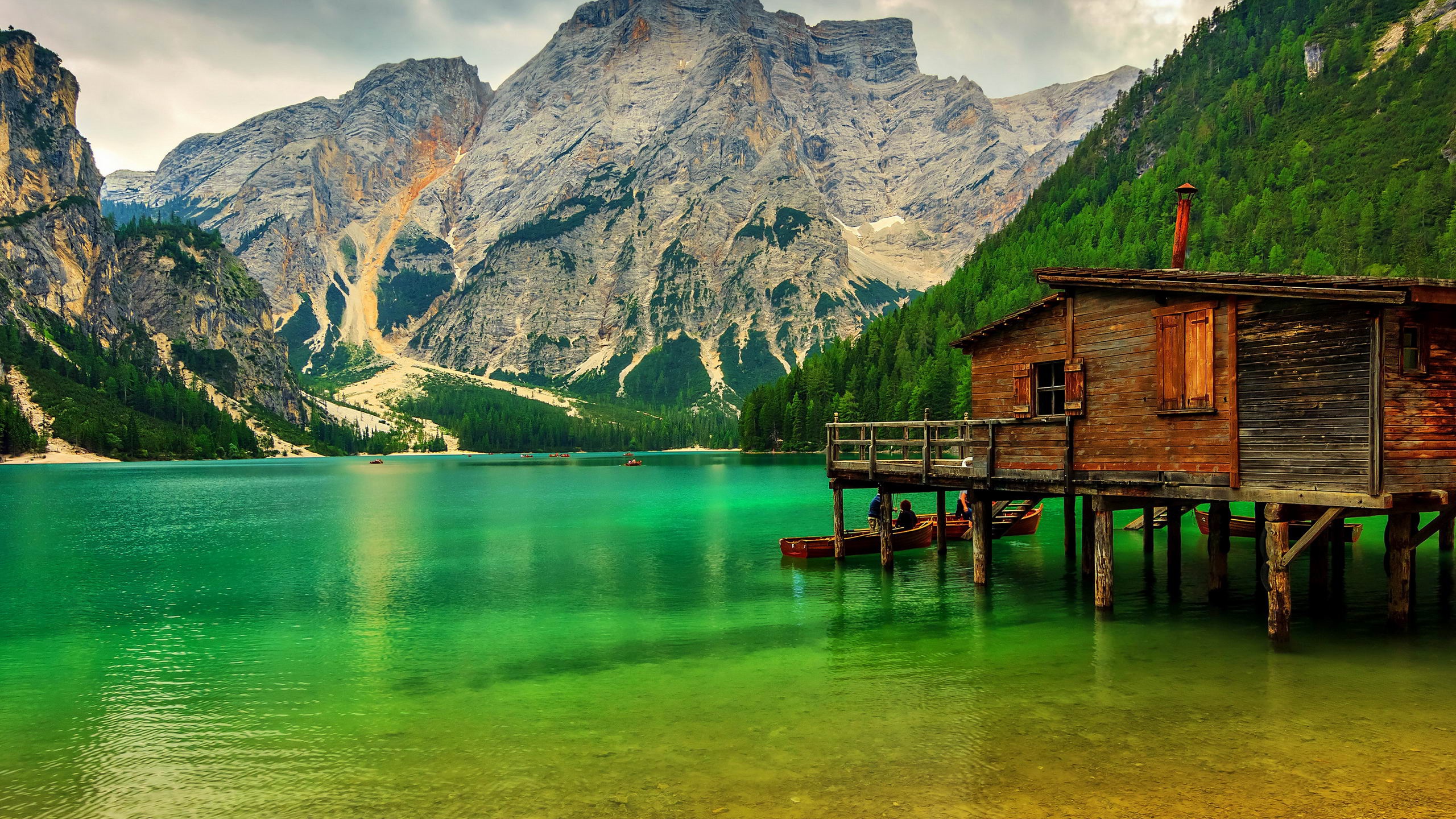 General 2560x1440 landscape mountains lake forest nature boat Pragser Wildsee Italy South Tyrol Alps
