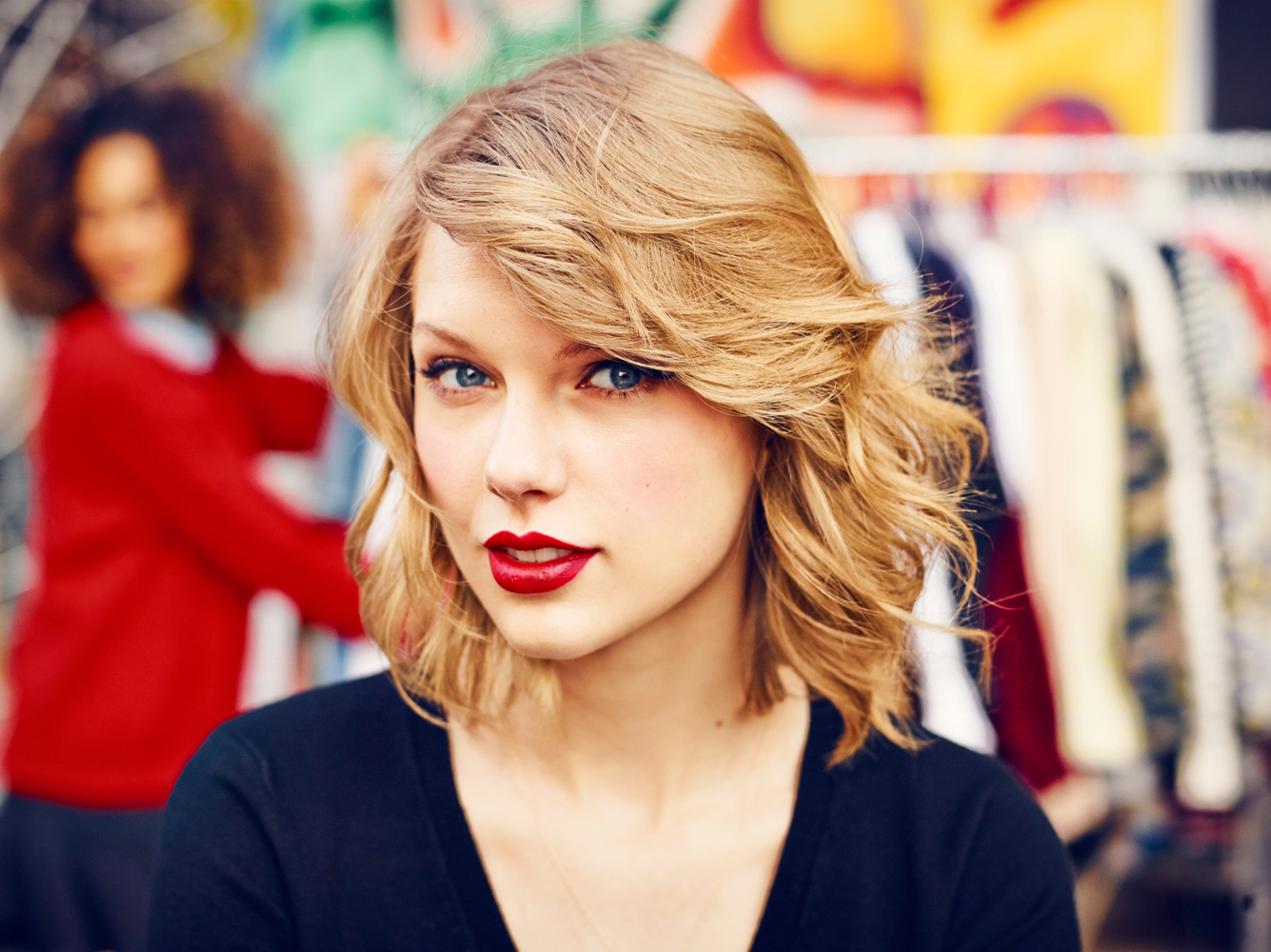 People 1335x1000 Taylor Swift women blonde singer blue eyes short hair red lipstick