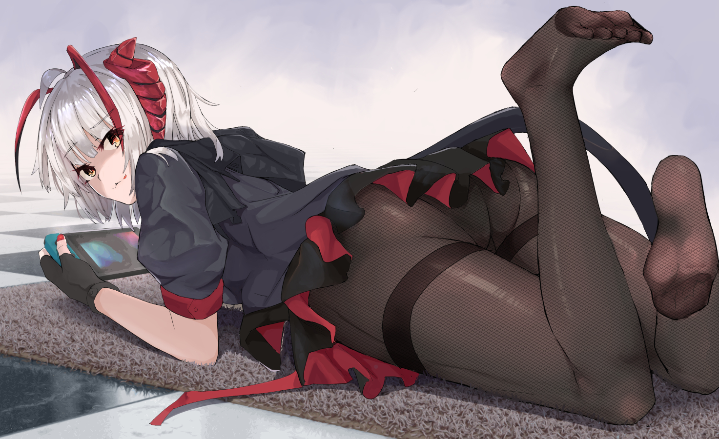 Anime 1473x900 anime anime girls artwork 2D Arknights W(Arknights) Nintendo Switch carpet consoles lying on front feet in the air ass fishnet pantyhose horns short hair silver hair ass cheeks fingerless gloves looking at viewer pantyhose video games anime games