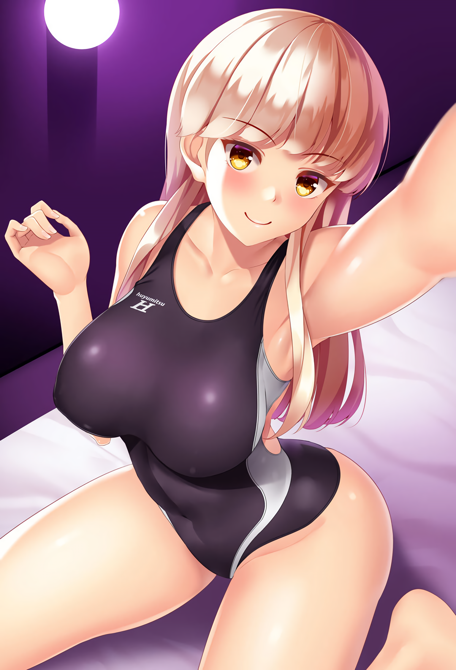 Anime 1536x2256 anime anime girls big boobs swimwear huyumitsu one-piece swimsuit in bed blonde brown eyes