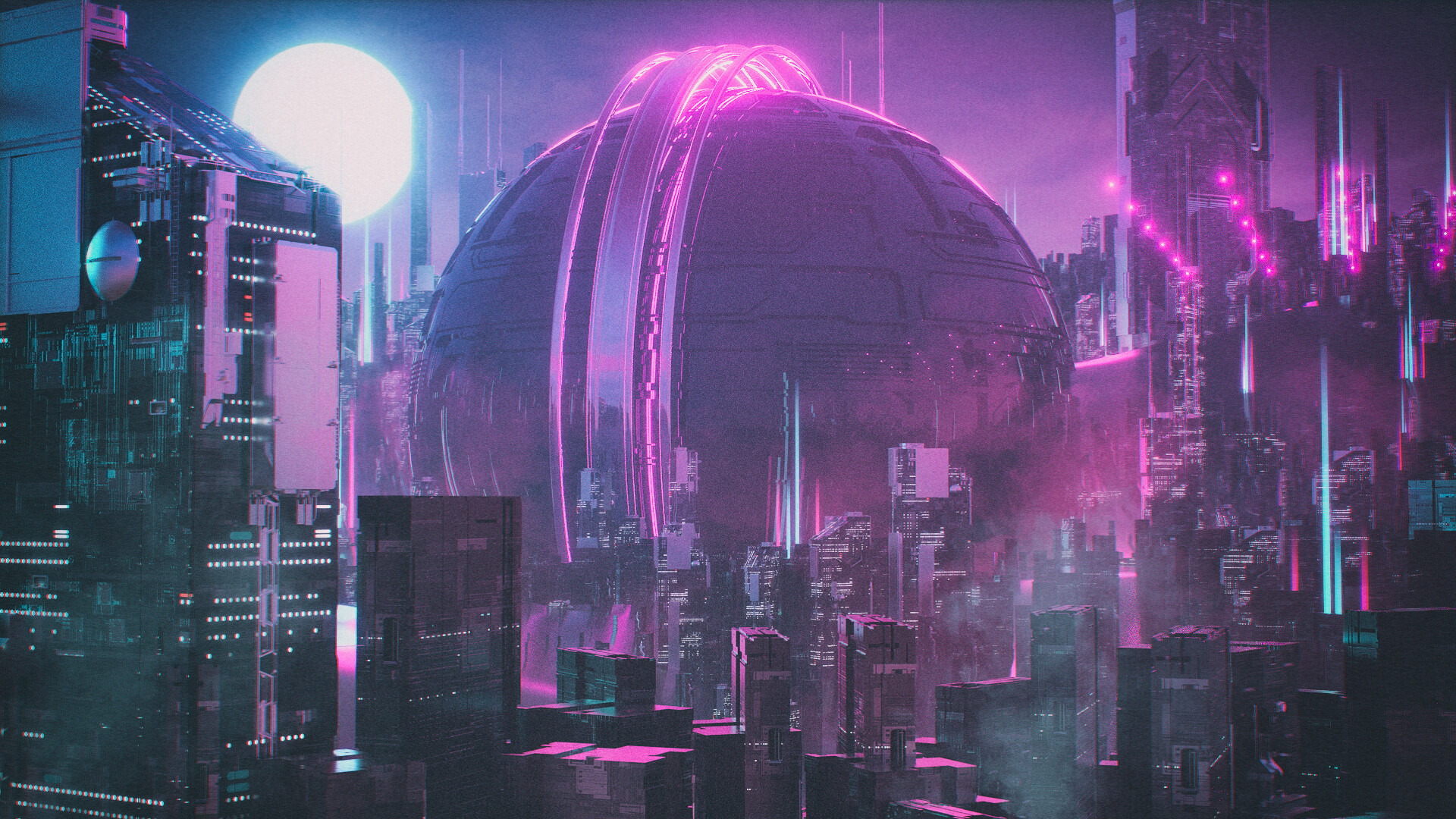 General 1920x1080 city cyberpunk ball Moon bright purple night neon cityscape