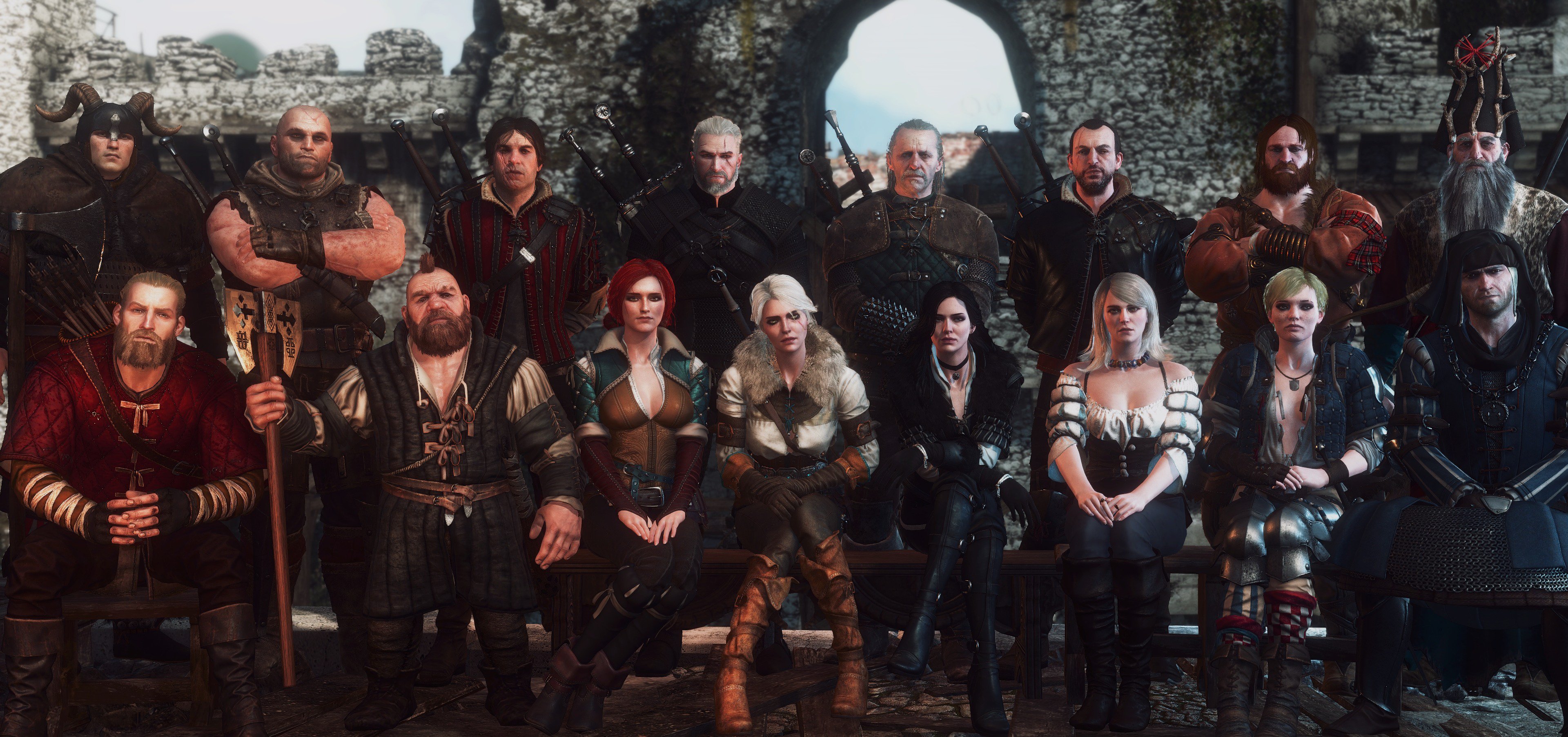 General 3840x1805 The Witcher The Witcher 3: Wild Hunt group of people Kaer Morhen Geralt of Rivia Yennefer of Vengerberg Triss Merigold Vernon Roche Letho Keira Metz Vesemir Eskel Lambert hjalmar an craite Ves Zoltan Chivay Vigi The Loon Folan Ermion battle Mousesack video game characters Cirilla Fiona Elen Riannon frontal view Cyn (The Witcher)