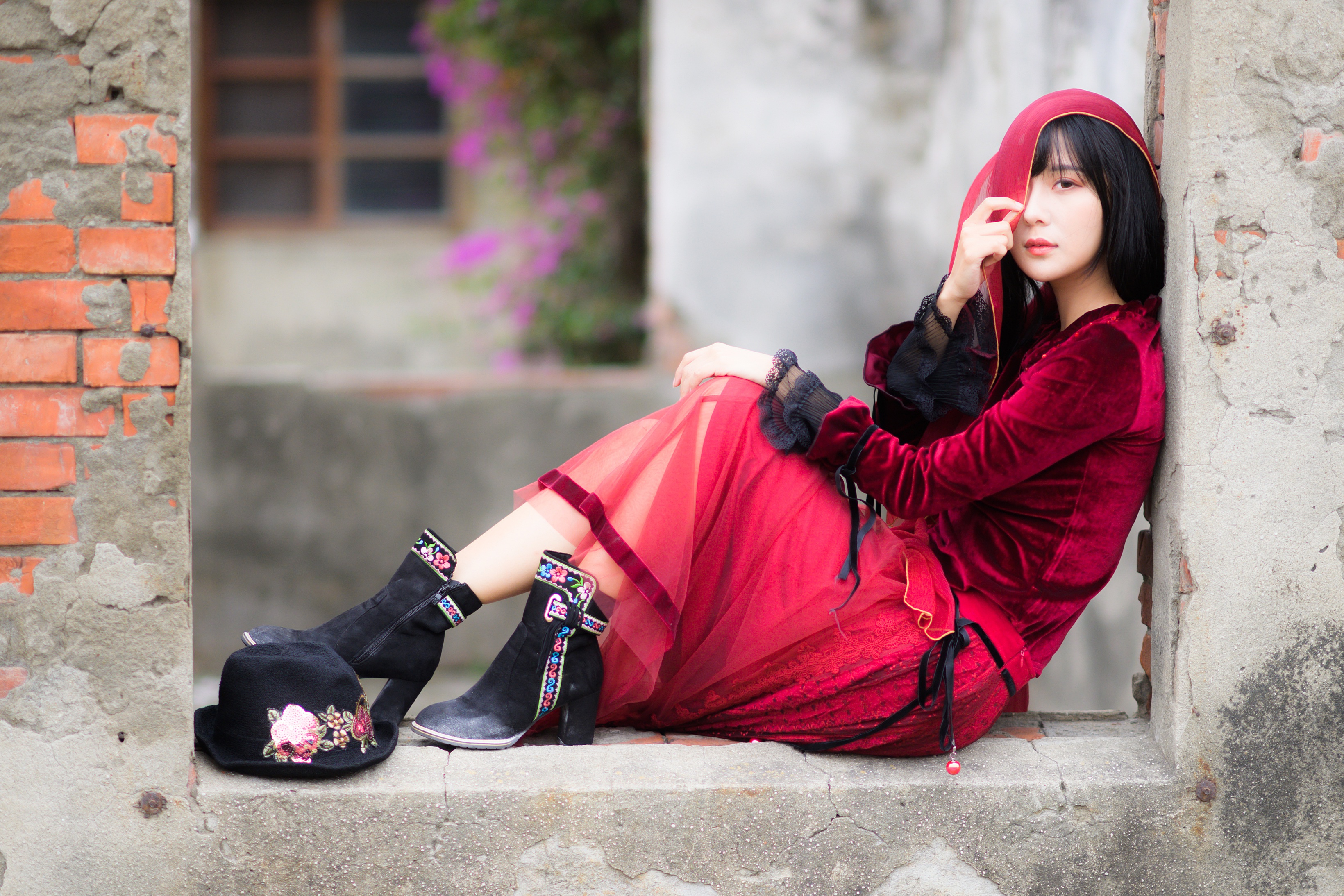 People 3280x2187 Asian women model long hair black hair red dress veils boots looking at viewer bricks wall sitting