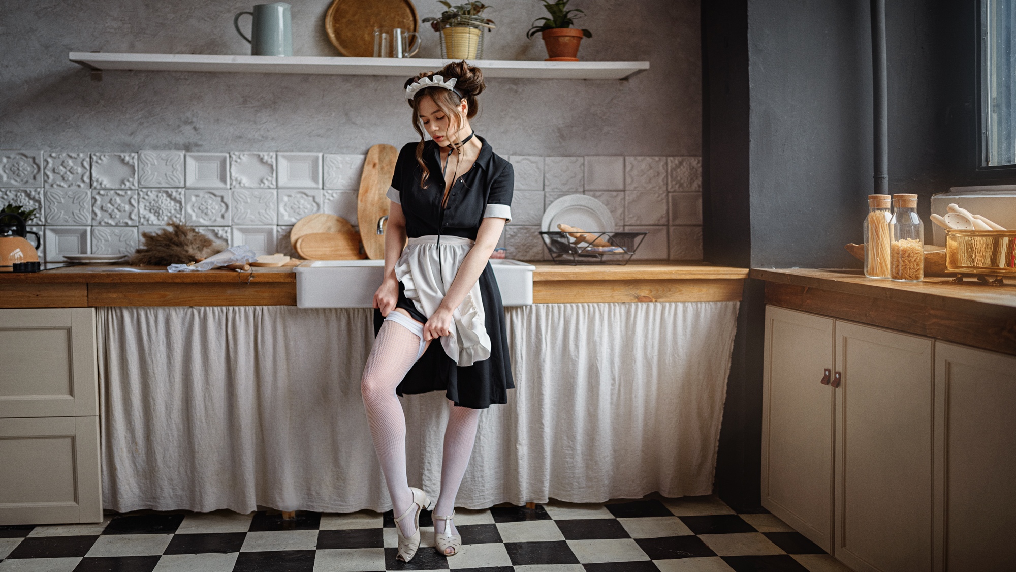 People 2000x1125 women maid maid outfit white stockings Maya Shakhnazarova indoors women indoors standing chess floor checkered kitchen ankle strap heels apron sink model legs plates parted lips stockings short sleeves Georgy Chernyadyev floor