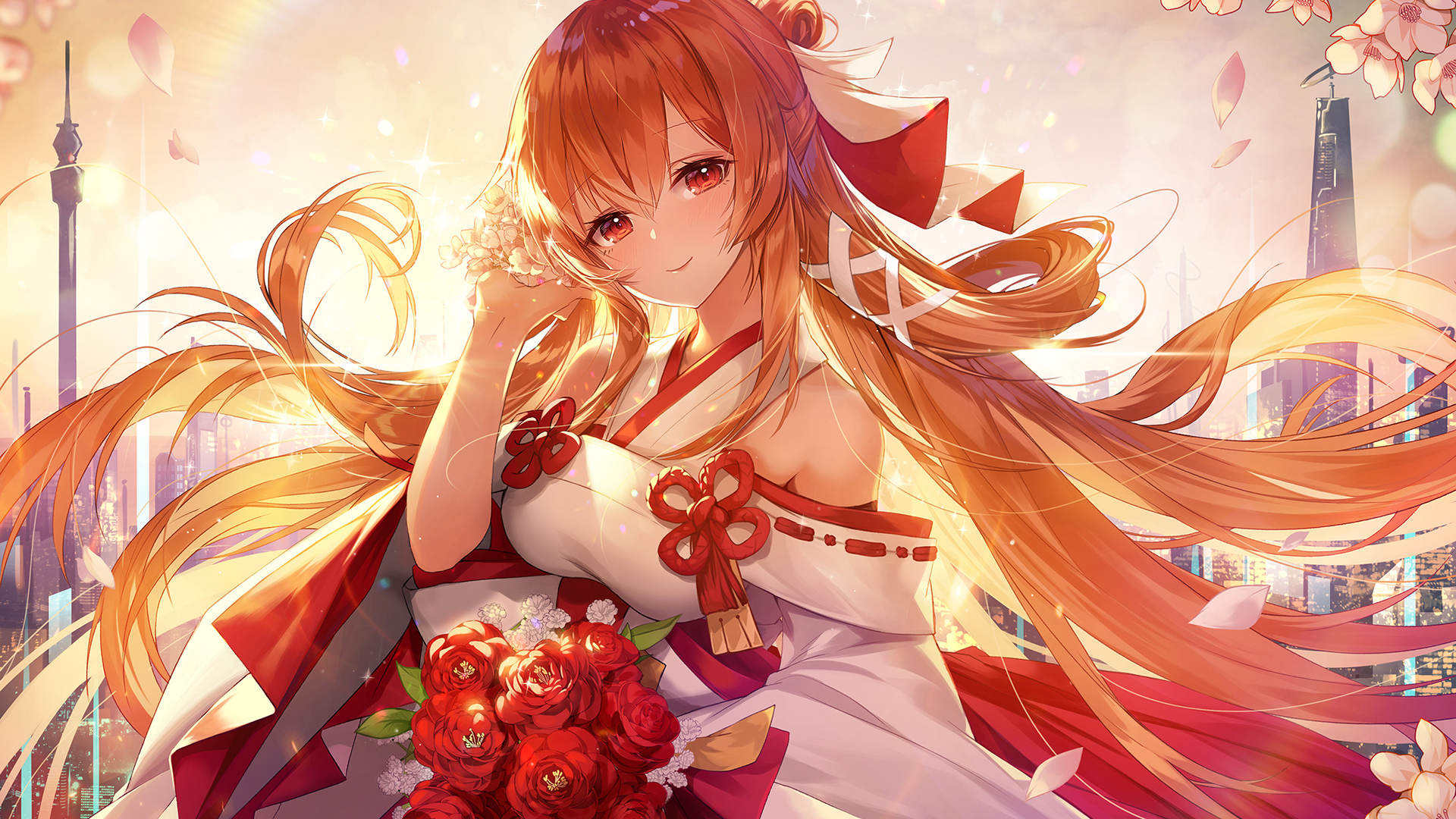 Anime 1920x1080 long hair Japanese clothes red eyes redhead rose flowers anime