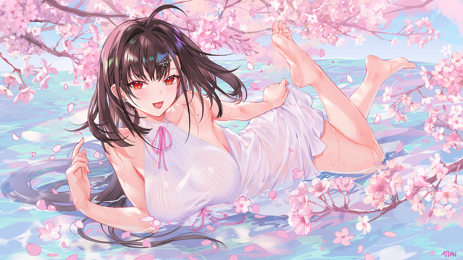Anime 1600x901 anime anime girls digital art artwork 2D portrait Atdan Azur Lane Independence (Azur Lane) cherry blossom petals water wet lying on front feet in the air big boobs feet toes brunette red eyes