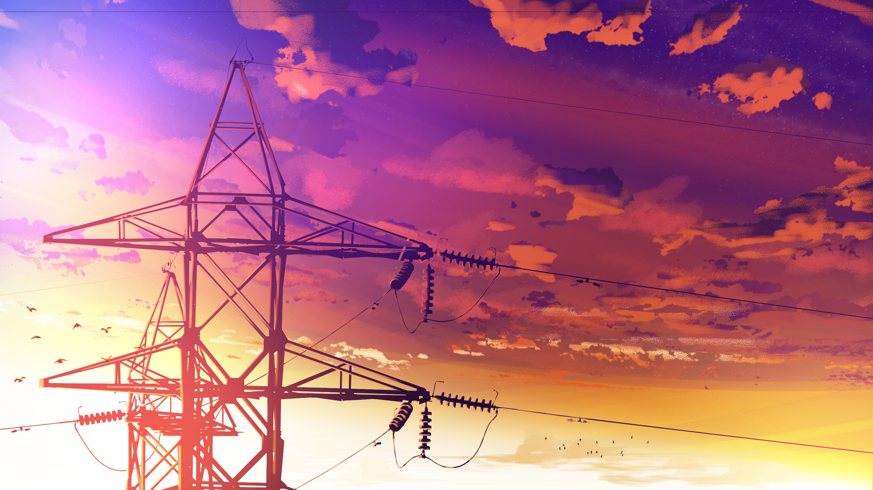 General 2920x1640 anime digital art artwork utility pole clouds birds sunset