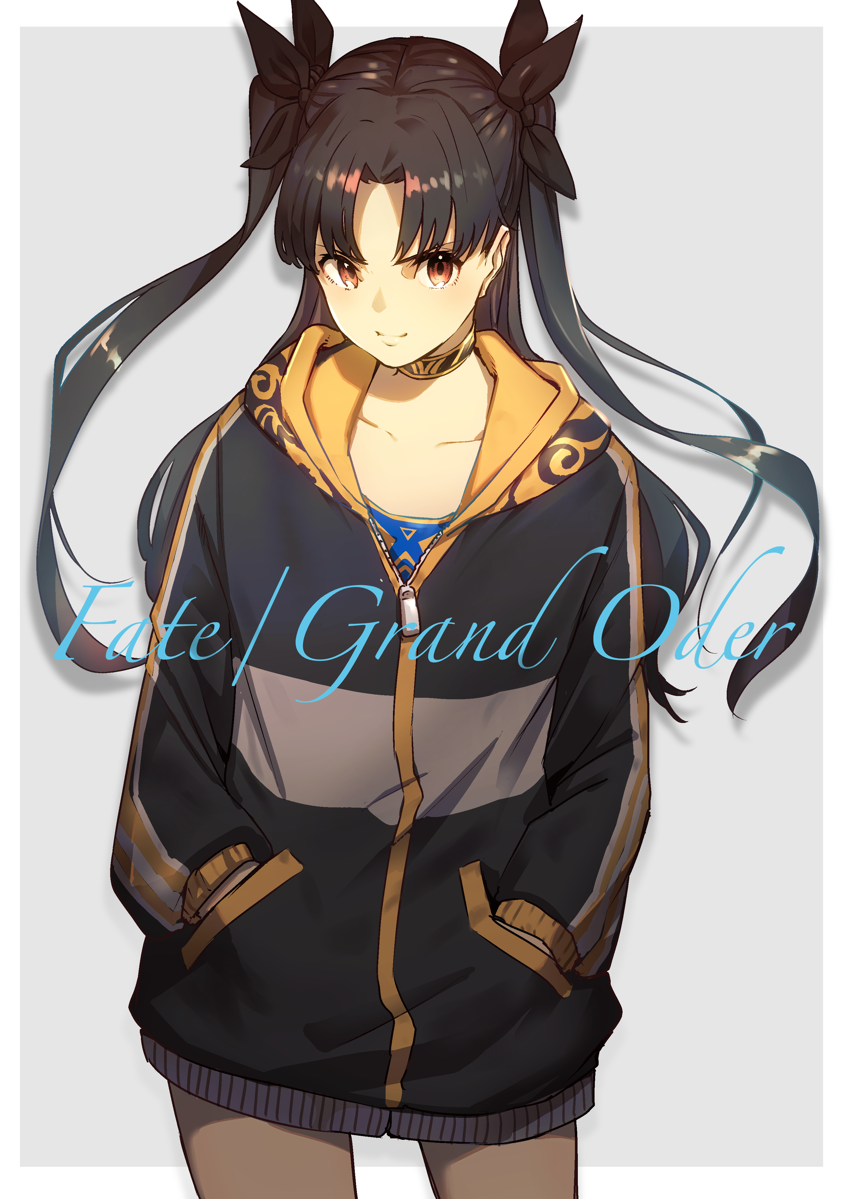 Anime 2894x4093 Fate series Fate/Grand Order anime girls thighs long hair black hair twintails blushing small boobs black jackets Ishtar (Fate/Grand Order) 2D simple background brown eyes portrait display smiling black ribbons looking at viewer fan art anime