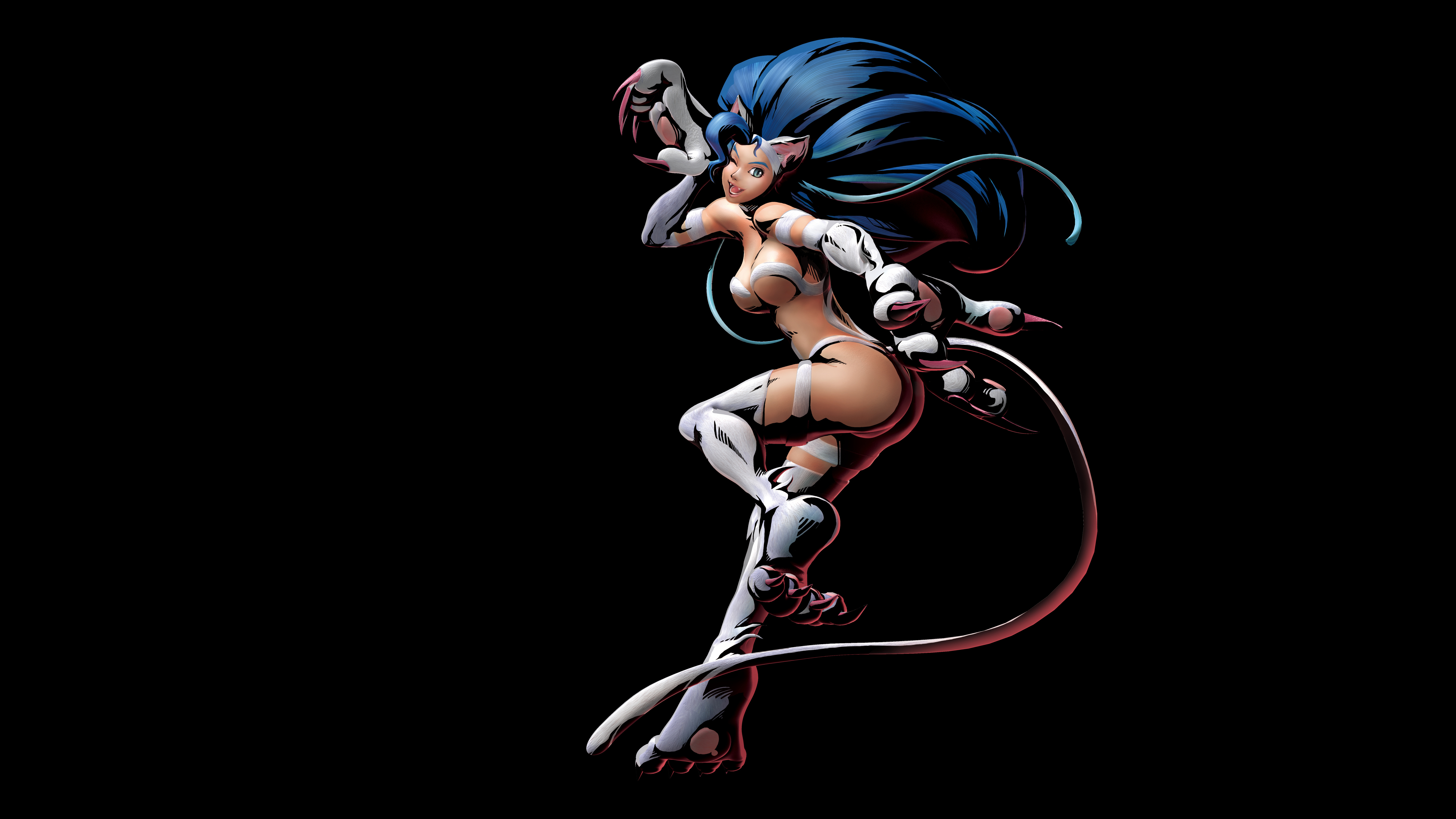 Anime 6222x3500 Darkstalkers video game characters Capcom Marvel vs. Capcom 3 cat girl Felicia (Darkstalkers) blue hair simple background dark background tail