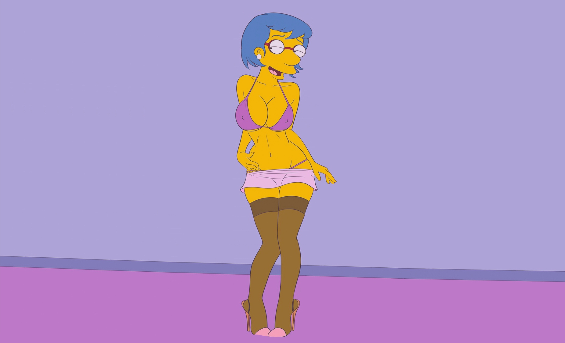 General 1853x1125 women cartoon lingerie blue hair glasses stockings bra The Simpsons