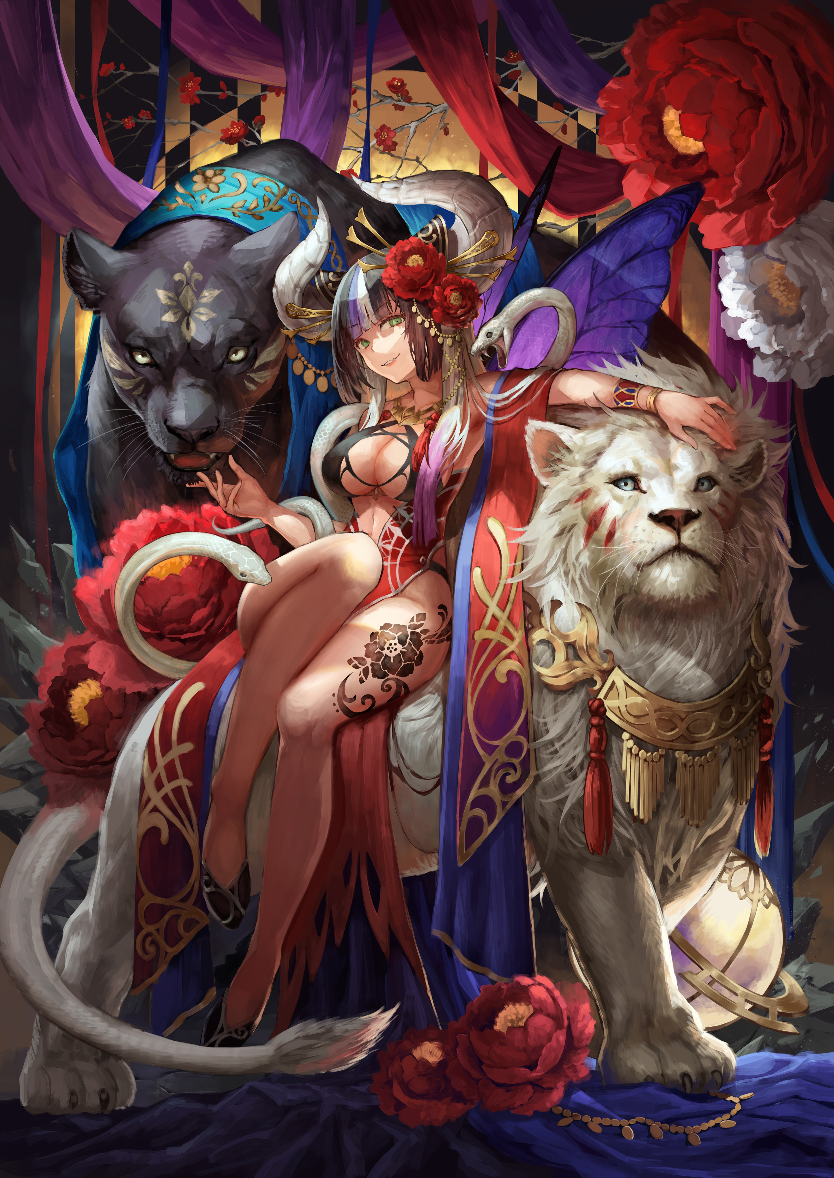 Anime 2890x4079 anime girls original characters women green eyes eyes horns flower in hair flowers cleavage big boobs dress sitting fantasy girl lion white lion panthers vipers wings cloth fantasy art looking at viewer smiling artwork digital painting illustration 2D digital art Mai Okuma tattoo animals anime
