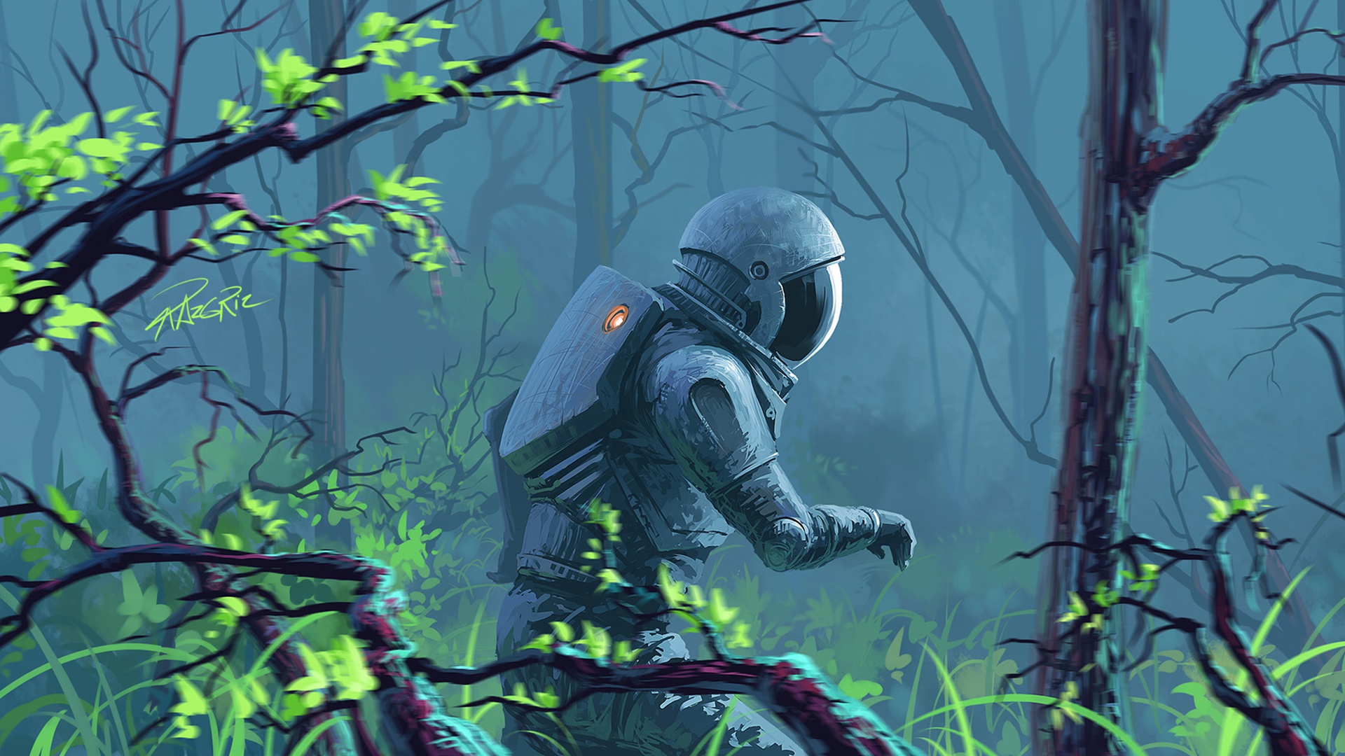 General 1920x1080 planet artwork science fiction astronaut men forest blue