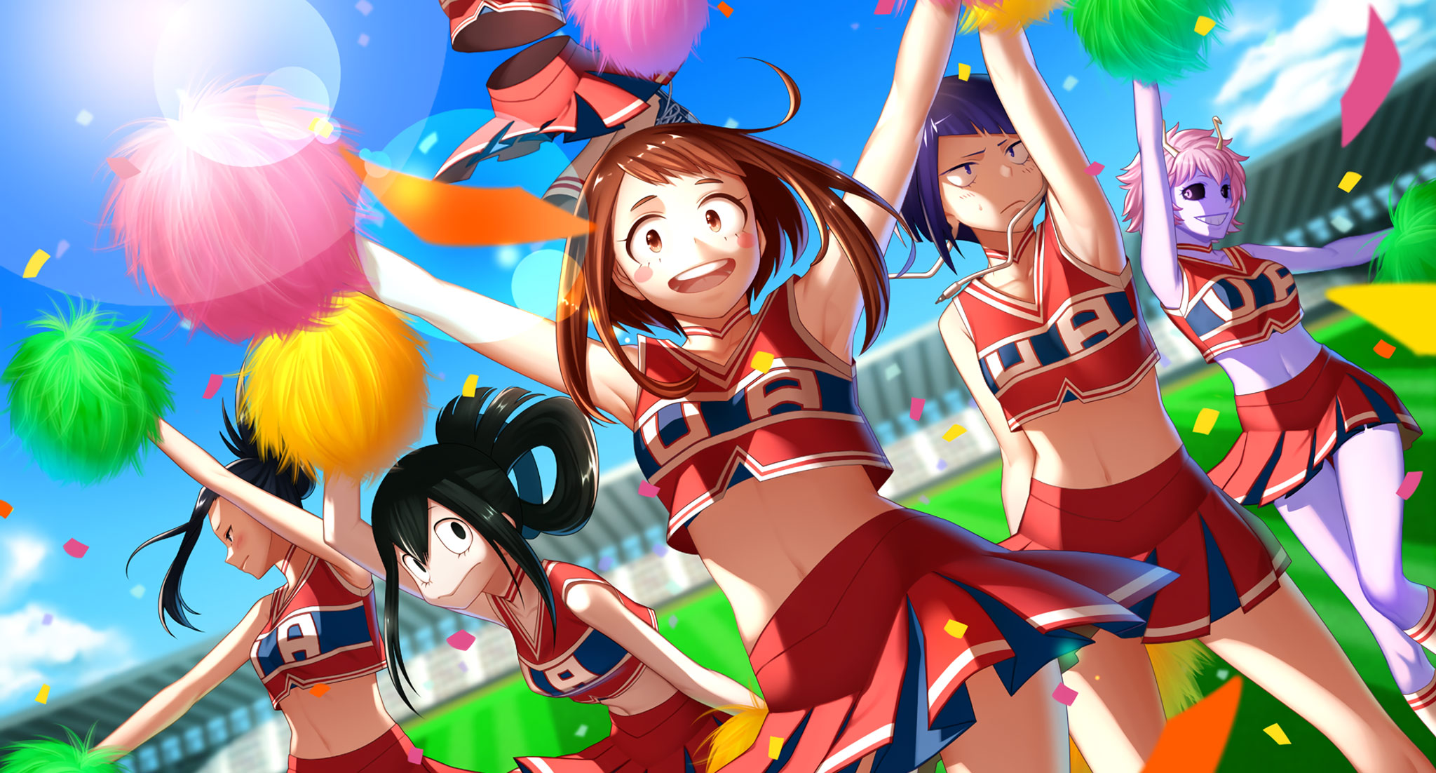 Anime 2048x1102 anime girls Boku no Hero Academia anime pompon arms up colorful miniskirt
