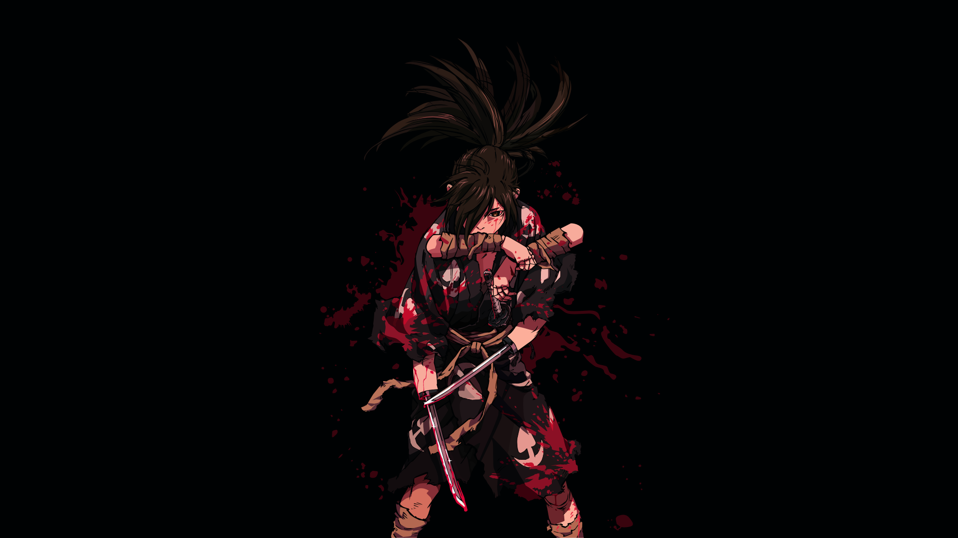 Anime 1920x1080 Hyakkimaru minimalism anime Dororo samurai black background blood spatter