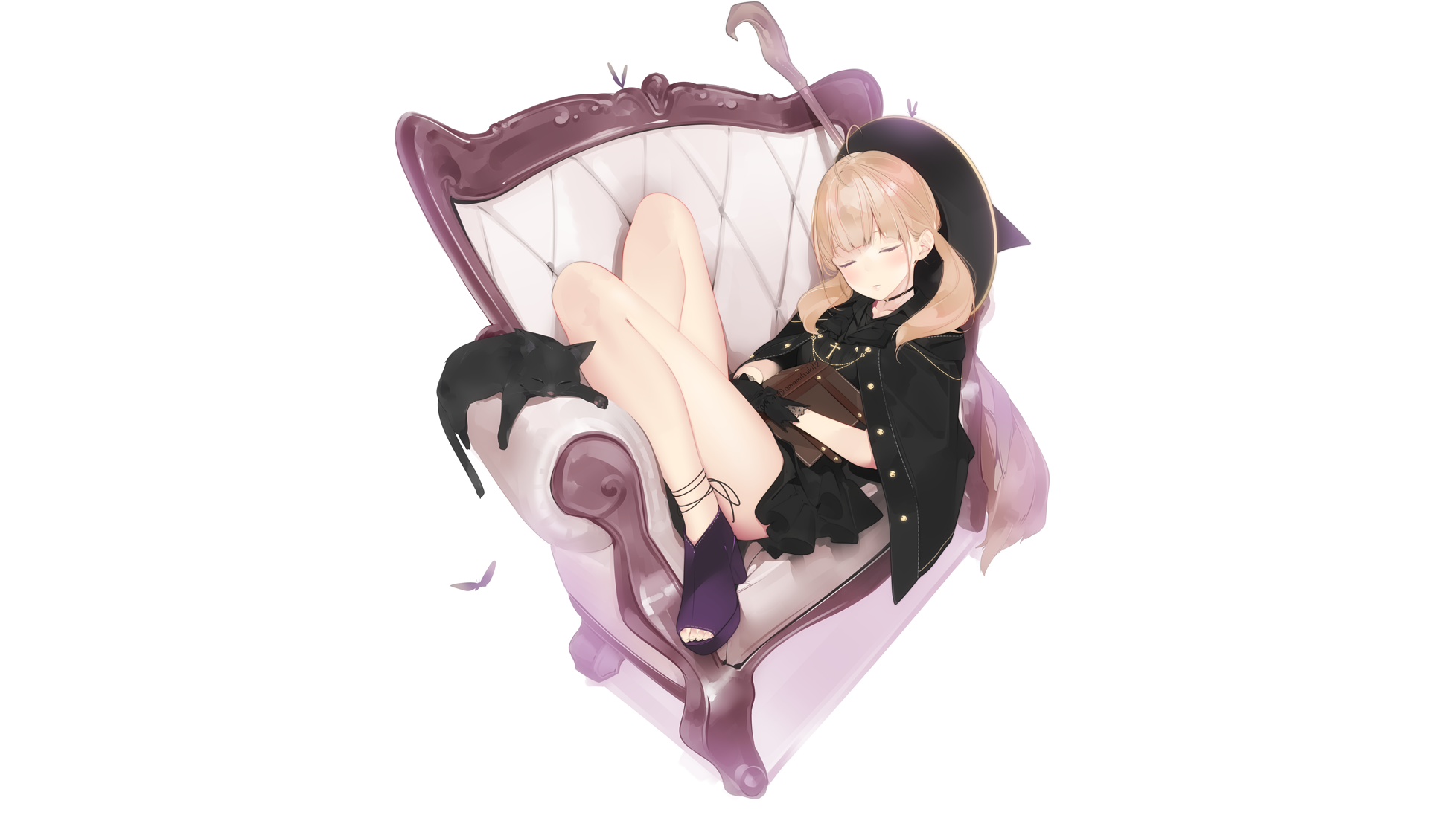 Anime 1956x1100 anime girls original characters women blonde twintails fantasy girl witch witch hat witch's broom dress lying on back cats black cats couch artwork drawing minimalism amamitsuki12 heels anime Pixiv animals sleeping white background mammals thighs books