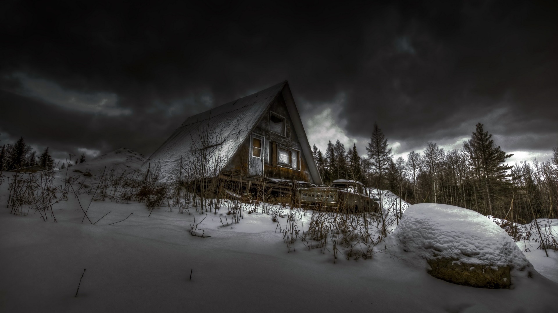 General 1920x1080 dark house sky winter cold snow cabin forest landscape HDR overcast abandoned