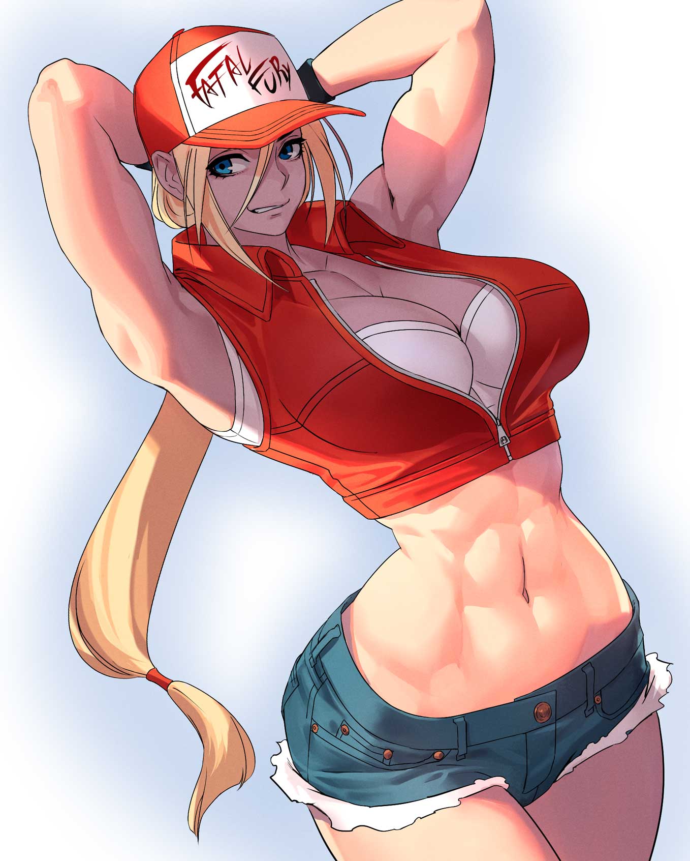 Anime 1358x1693 anime girls anime big boobs cleavage muscles 6-pack abs biceps thighs jean shorts portrait display