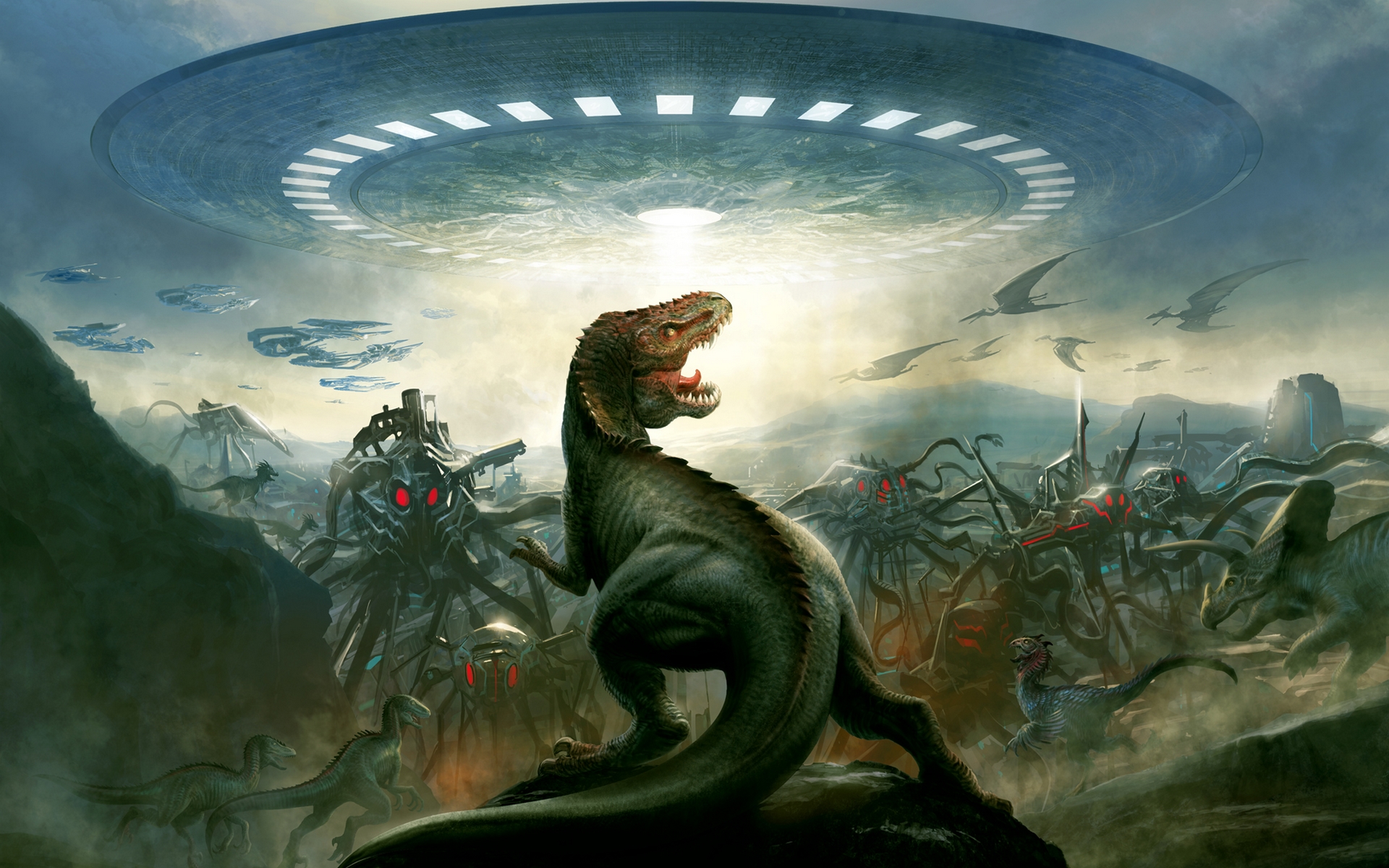 General 1920x1200 dinosaurs science fiction aliens UFO fantasy art red eyes artwork digital art