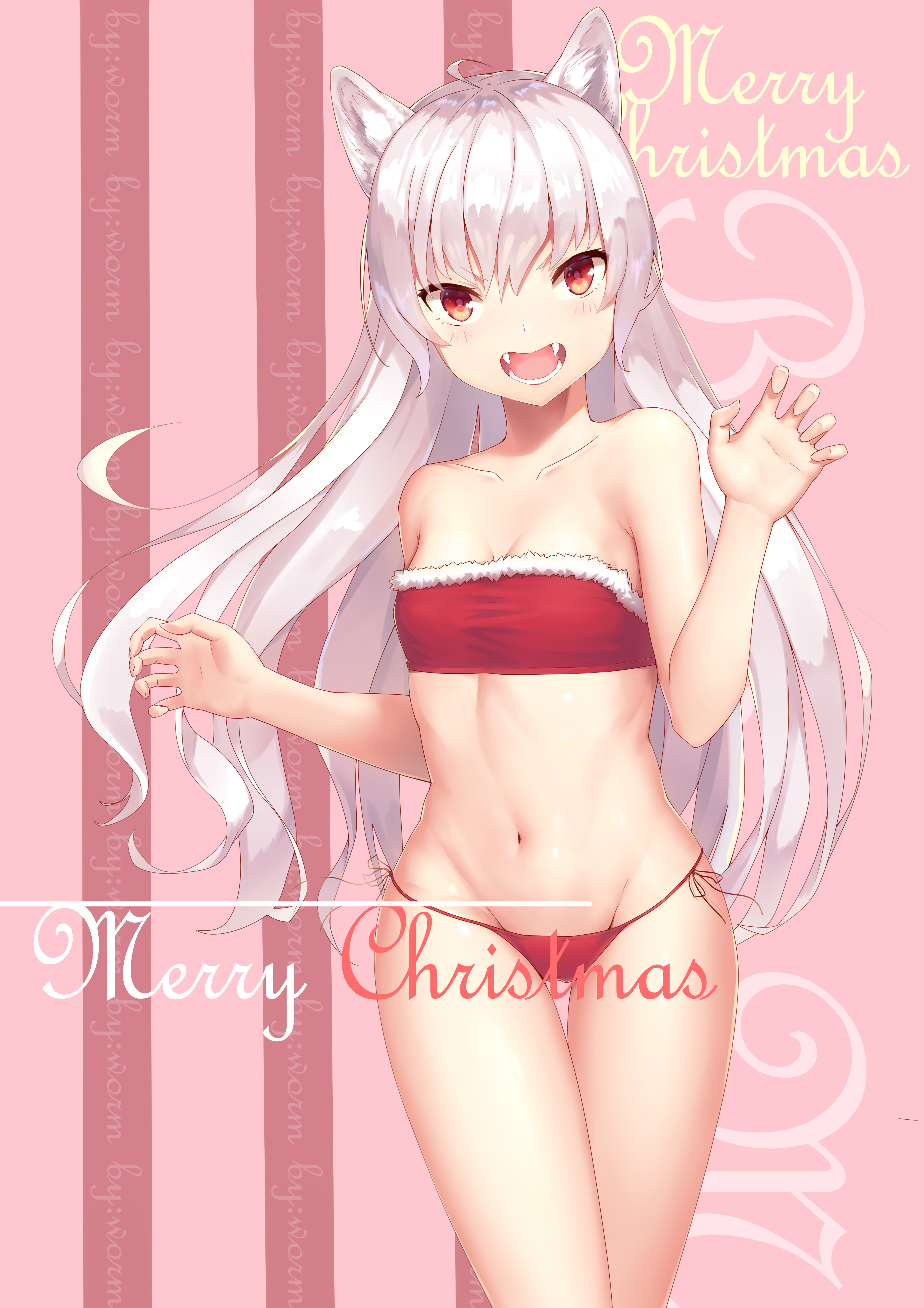 Anime 3363x4758 Christmas Santa outfit cleavage boobs animal ears bikini cat girl Santa girl