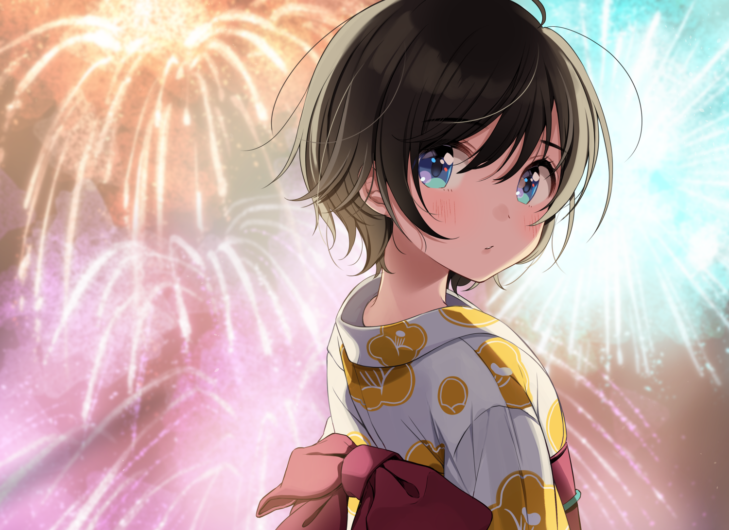 Anime 1500x1091 aqua eyes blushing brunette fireworks Japanese clothes short hair Christmas Shigure Ui
