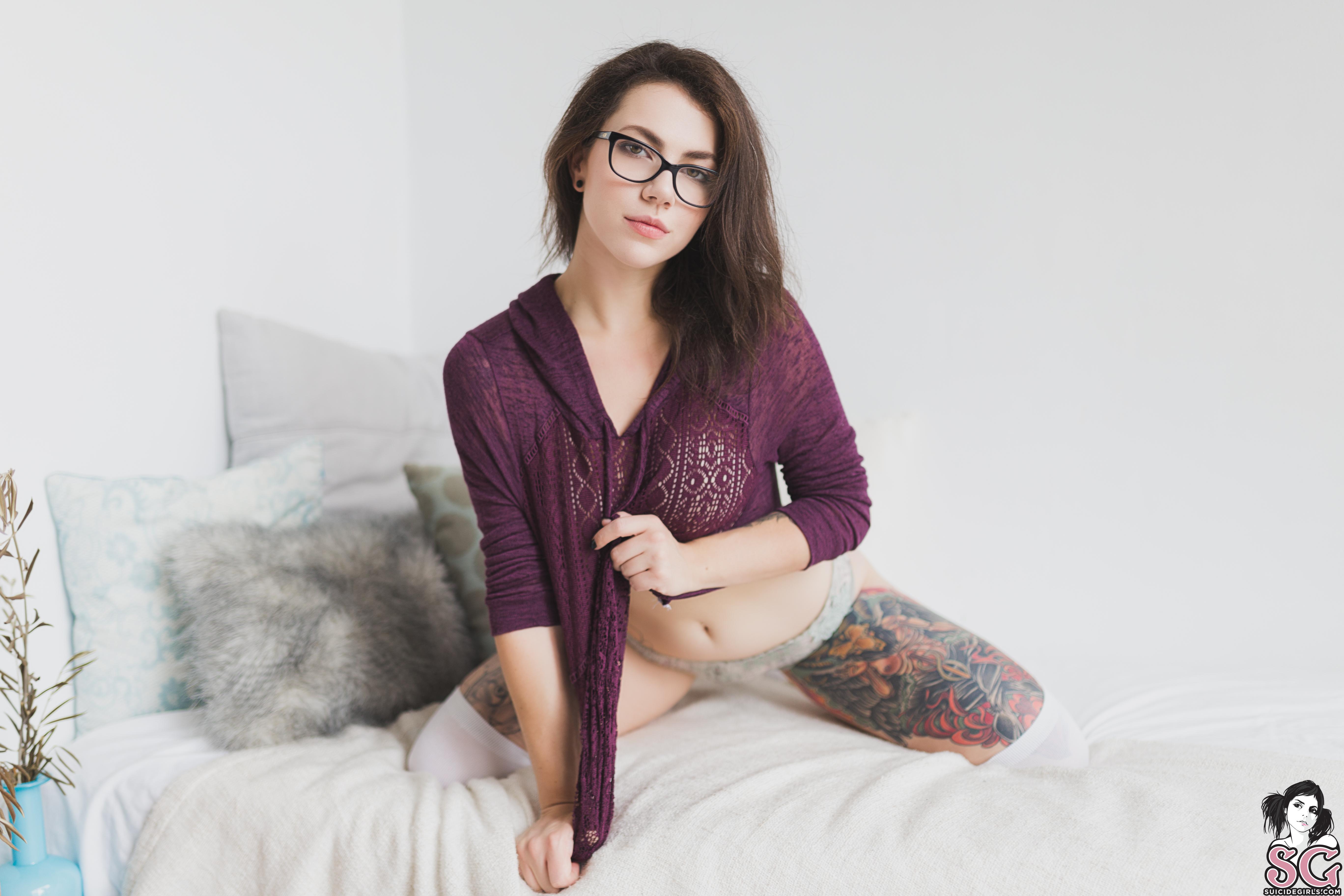 People 5472x3648 Milenci Suicide Girls model underwear socks women with glasses tattoo inked girls women looking at viewer smiling belly panties kneeling depth of field in bed pillow holding clothes indoors women indoors white socks OTK socks