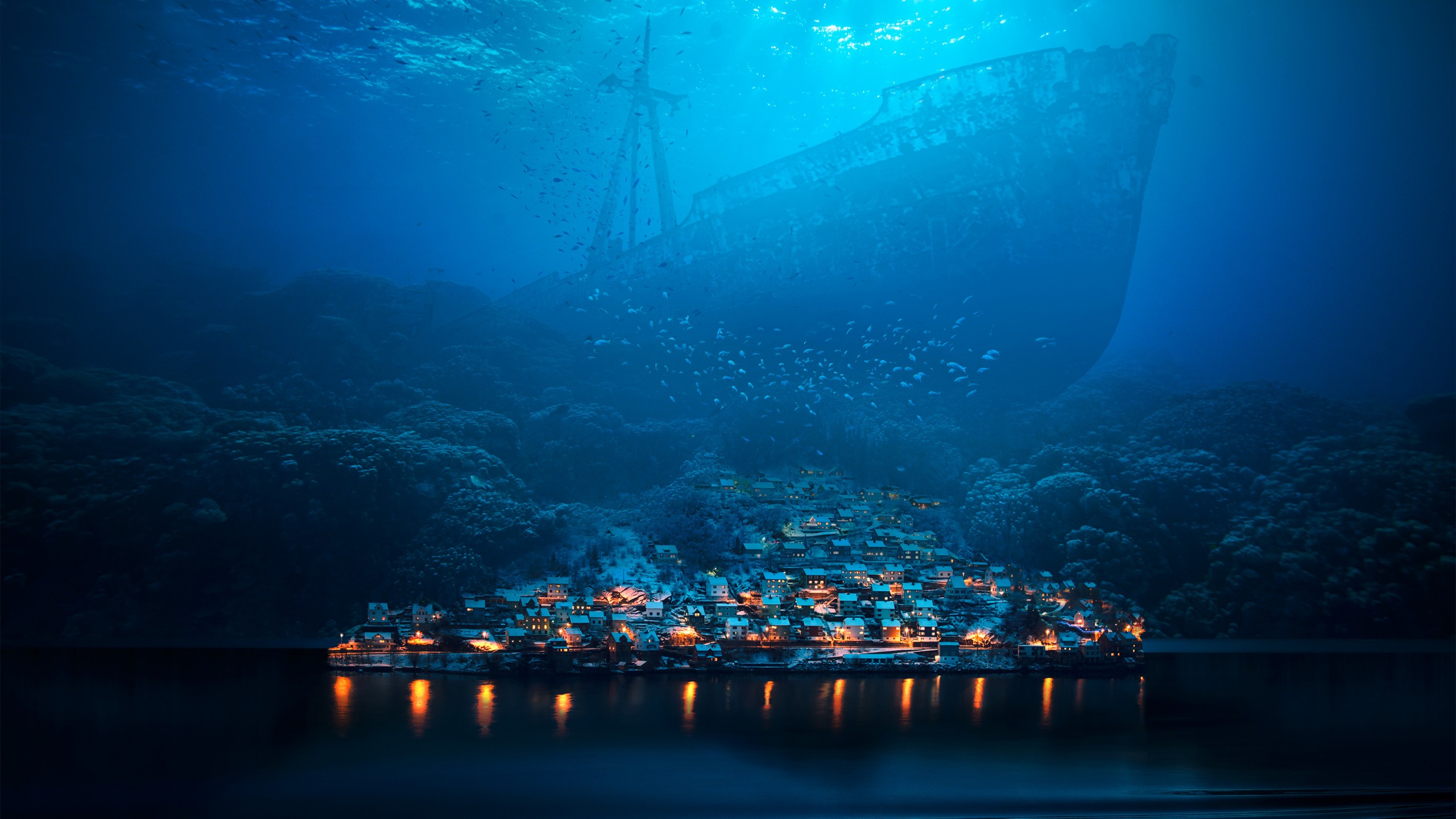General 2560x1440 underwater ship shipwreck abyss fish sea town night fantasy art photo manipulation surreal blue cyan turquoise