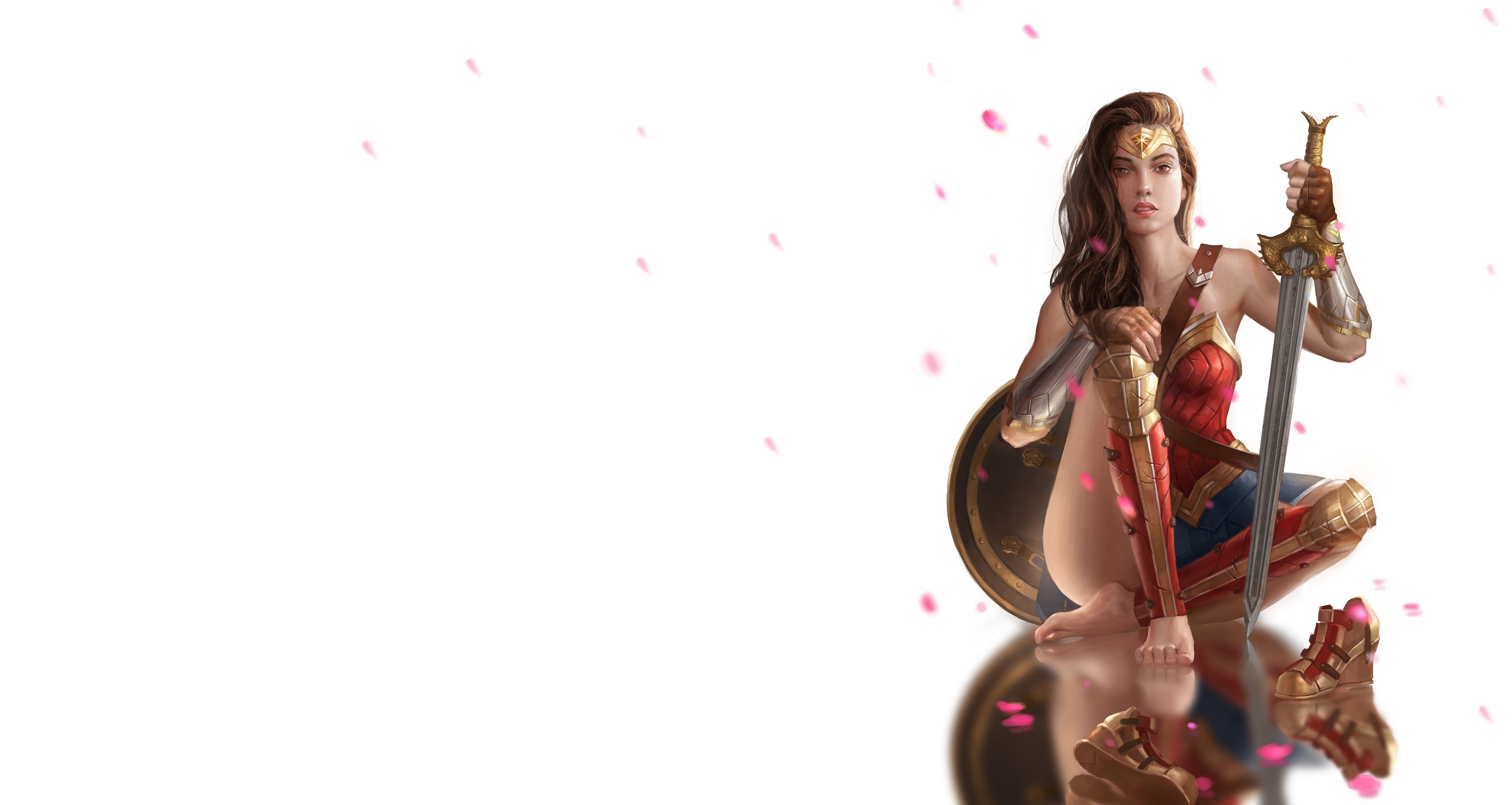 General 3756x2000 Wonder Woman superheroines warrior sword shield women brunette comics digital art simple background barefoot